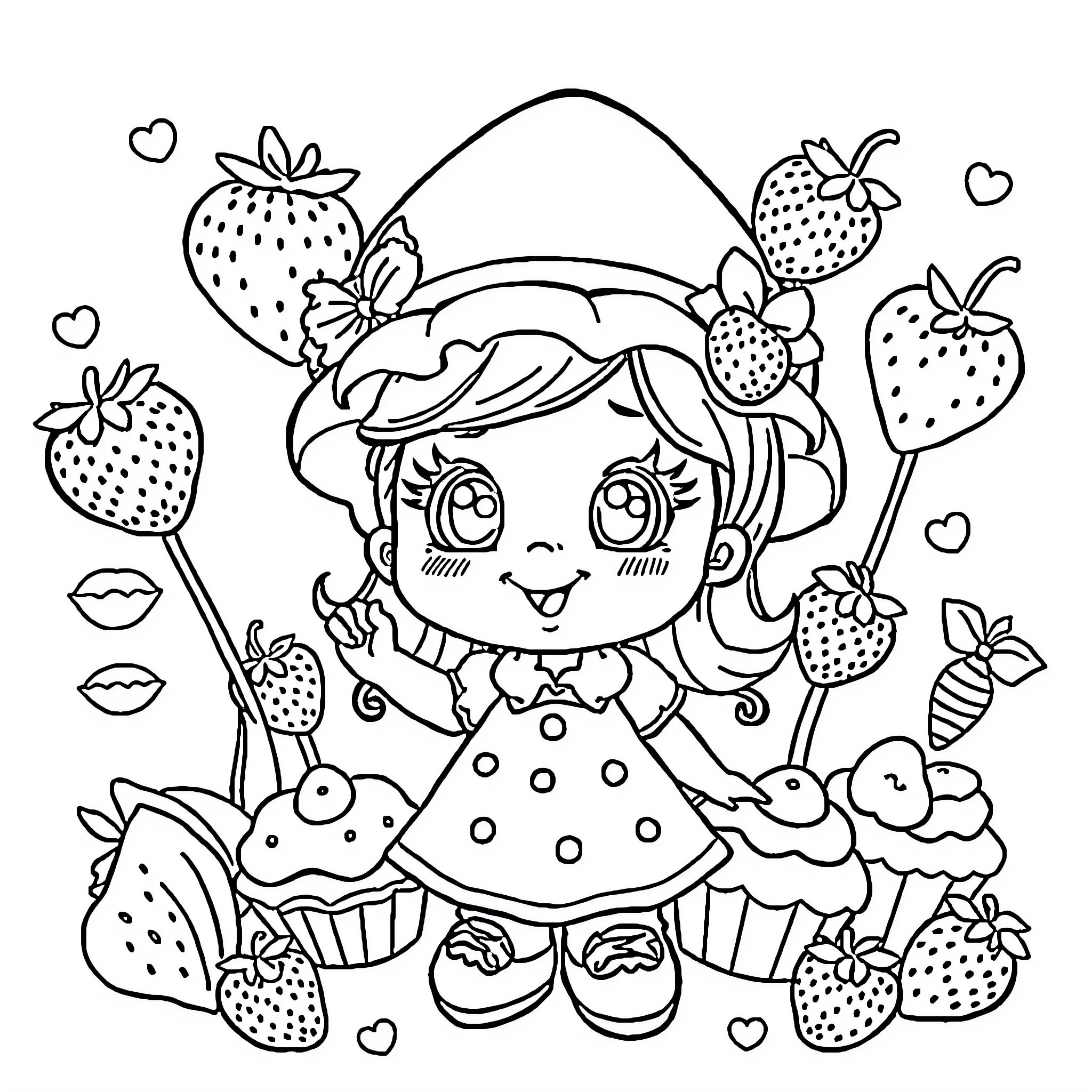 Strawberry Shortcake surrounded by strawberry-themed elements Coloring Page (free black-and-white line drawing printable PDF for all, from beginners to advanced learners, including children, teens, adults, and seniors)