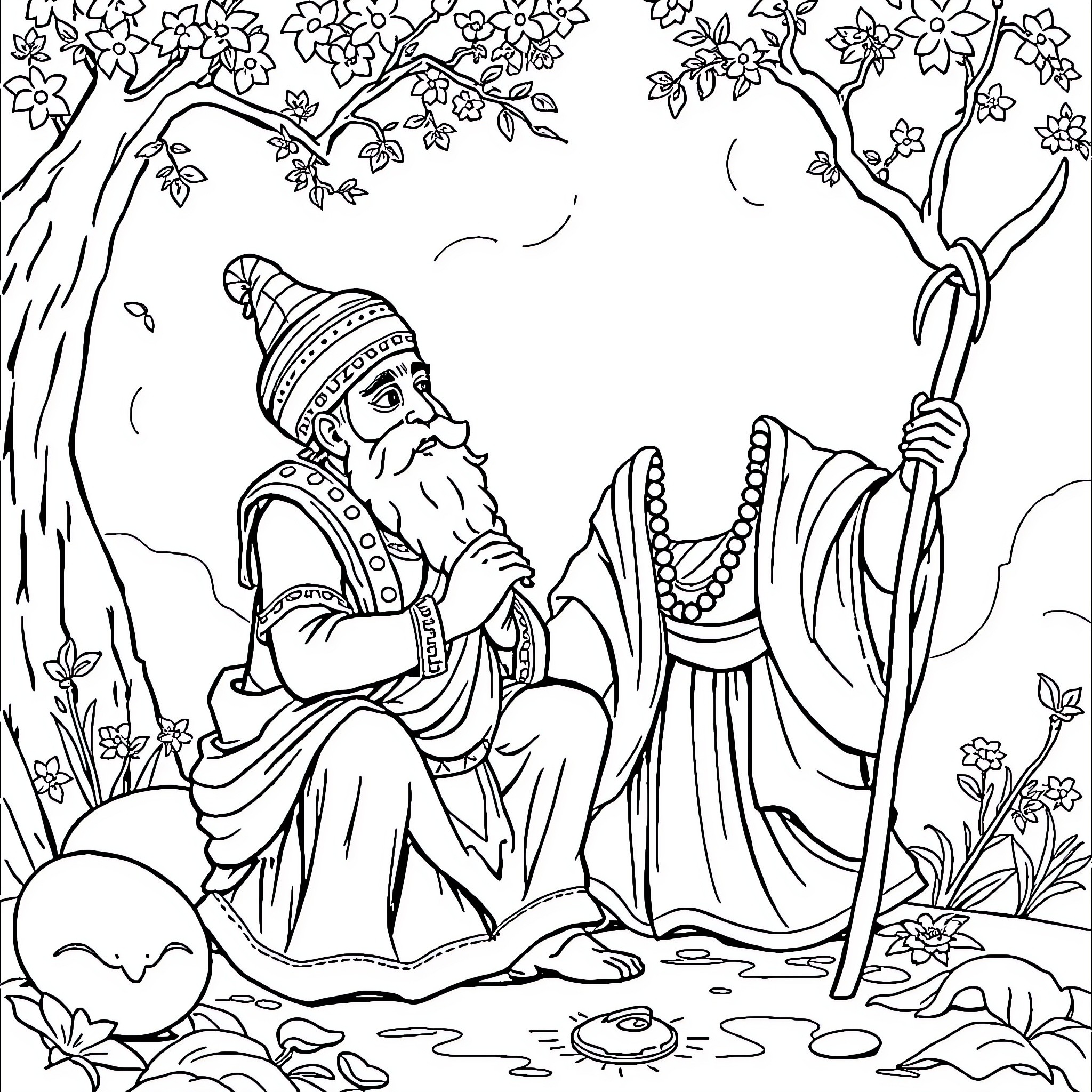 Birbal in a meditative forest scene Coloring Page (free black-and-white line drawing printable PDF for all, from beginners to advanced learners, including children, teens, adults, and seniors)