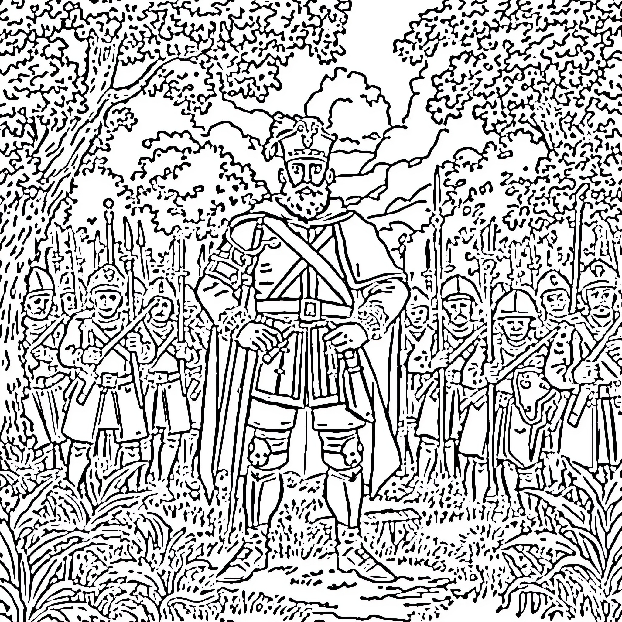 François Athanase Charette leading his troops through the forest Coloring Page (free black-and-white line drawing printable PDF for all, from beginners to advanced learners, including children, teens, adults, and seniors)