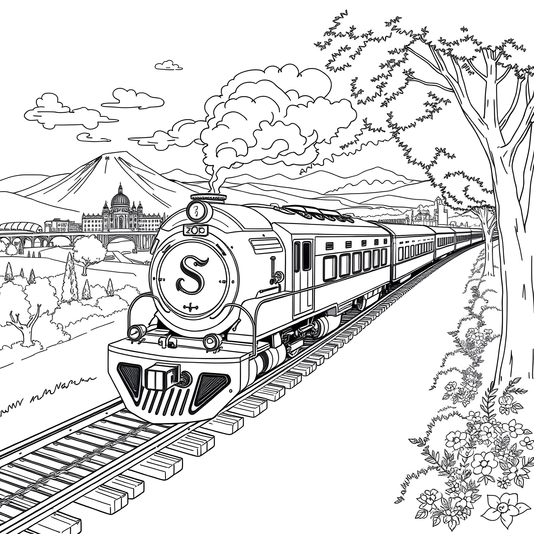 Train Traveling Through Scenic Countryside Coloring Page (free black-and-white line drawing printable PDF for all, from beginners to advanced learners, including children, teens, adults, and seniors)