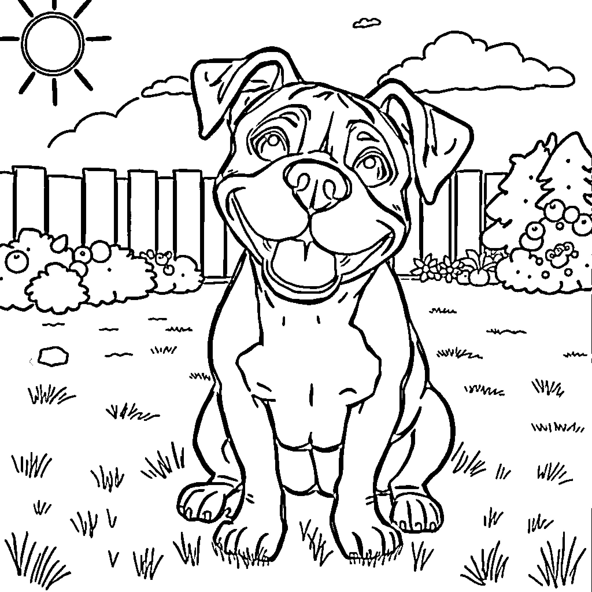 Boxer dog happily playing in a backyard Coloring Page (free black-and-white line drawing printable PDF for all, from beginners to advanced learners, including children, teens, adults, and seniors)