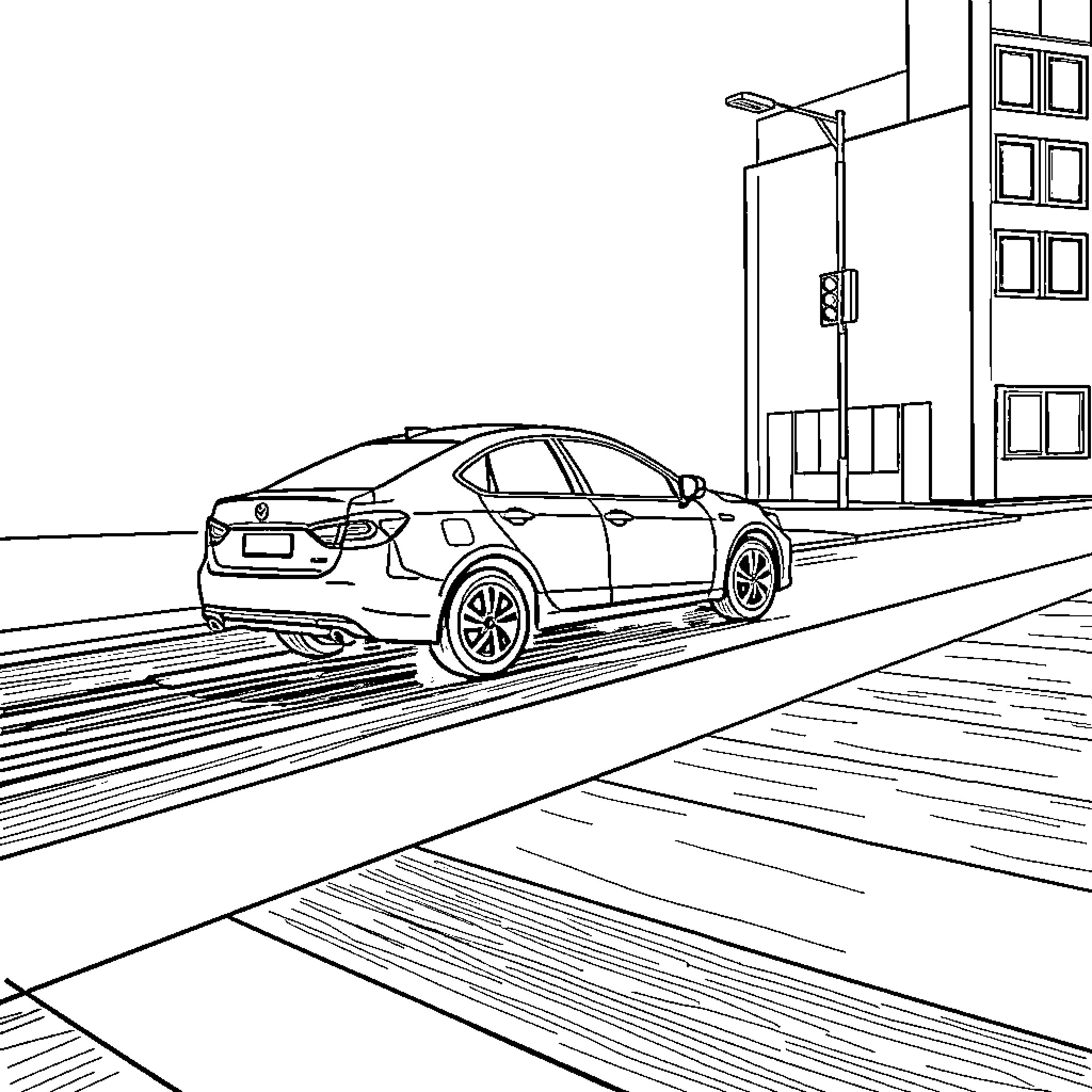 Car driving through urban street with buildings Coloring Page (free black-and-white line drawing printable PDF for all, from beginners to advanced learners, including children, teens, adults, and seniors)