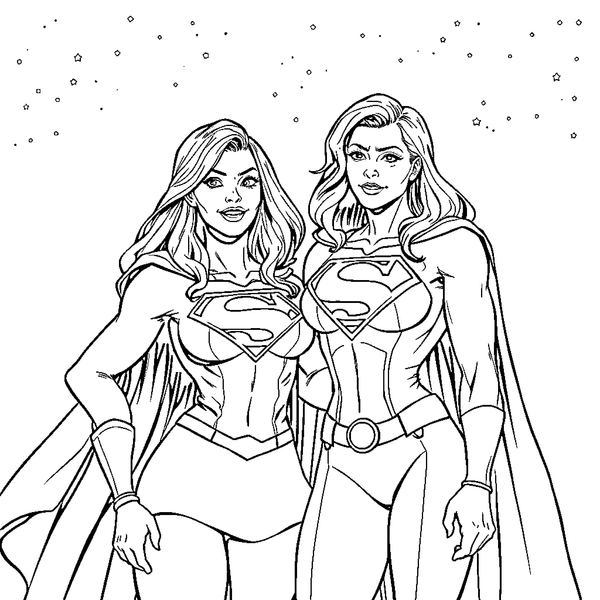 Supergirl heroines in action-packed poses Coloring Page (free black-and-white line drawing printable PDF for all, from beginners to advanced learners, including children, teens, adults, and seniors)