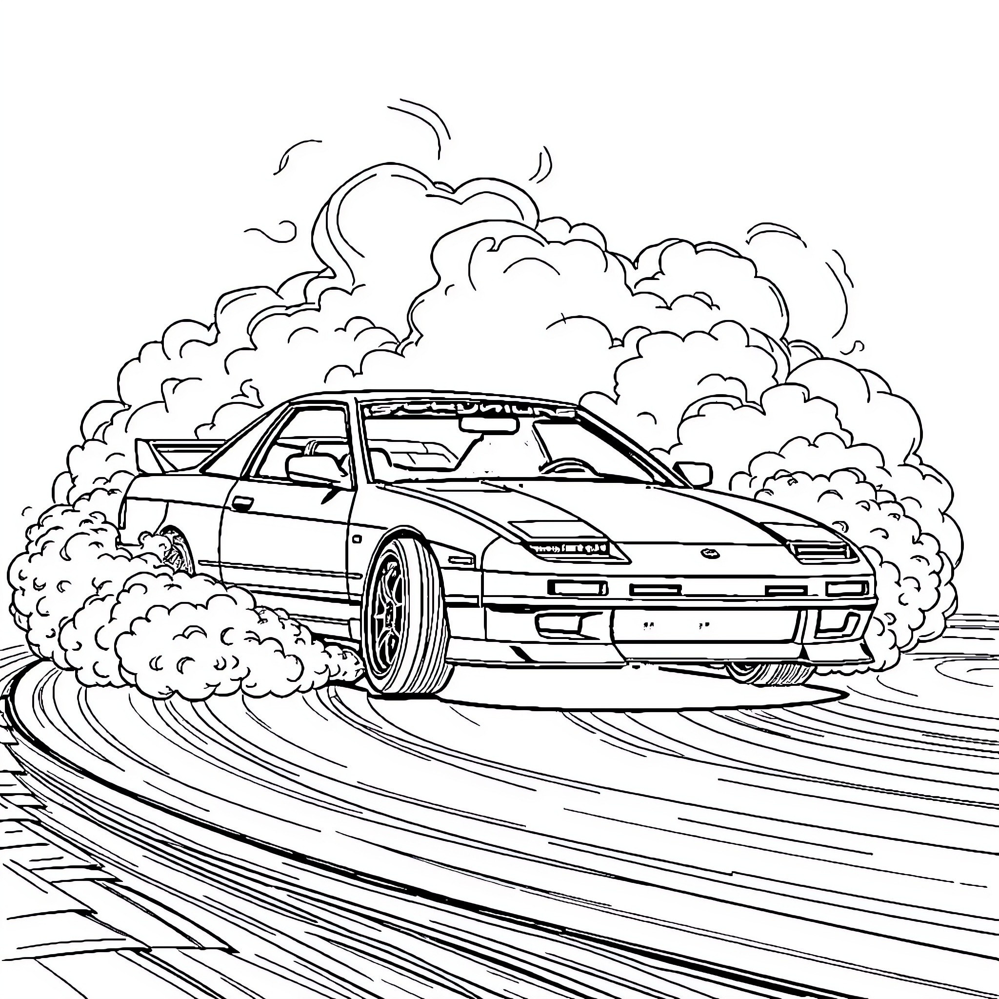 Nissan 180sx drift racing through smoke-filled streets Coloring Page (free black-and-white line drawing printable PDF for all, from beginners to advanced learners, including children, teens, adults, and seniors)