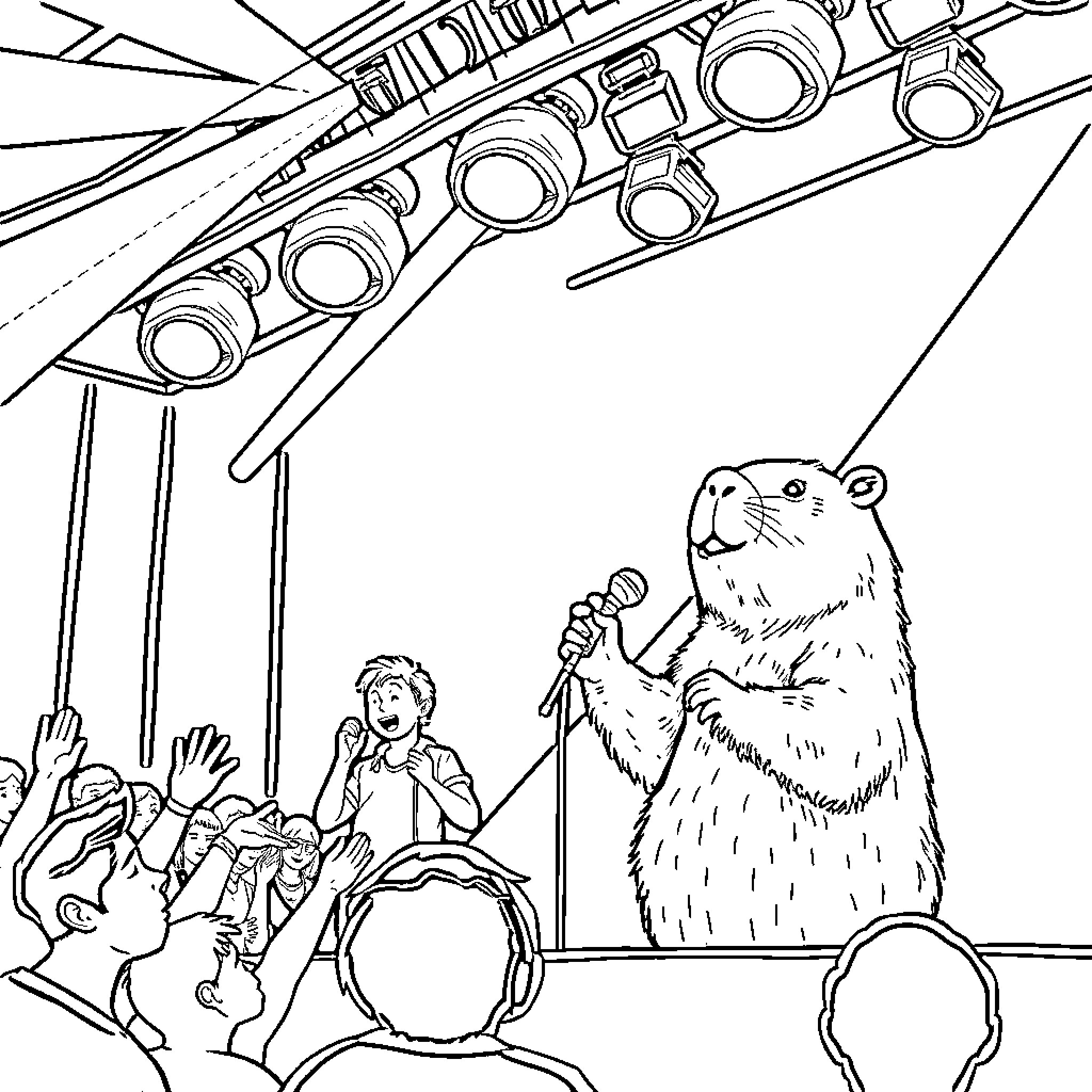 Capybara performing on a stage with a musician Coloring Page (free black-and-white line drawing printable PDF for all, from beginners to advanced learners, including children, teens, adults, and seniors)