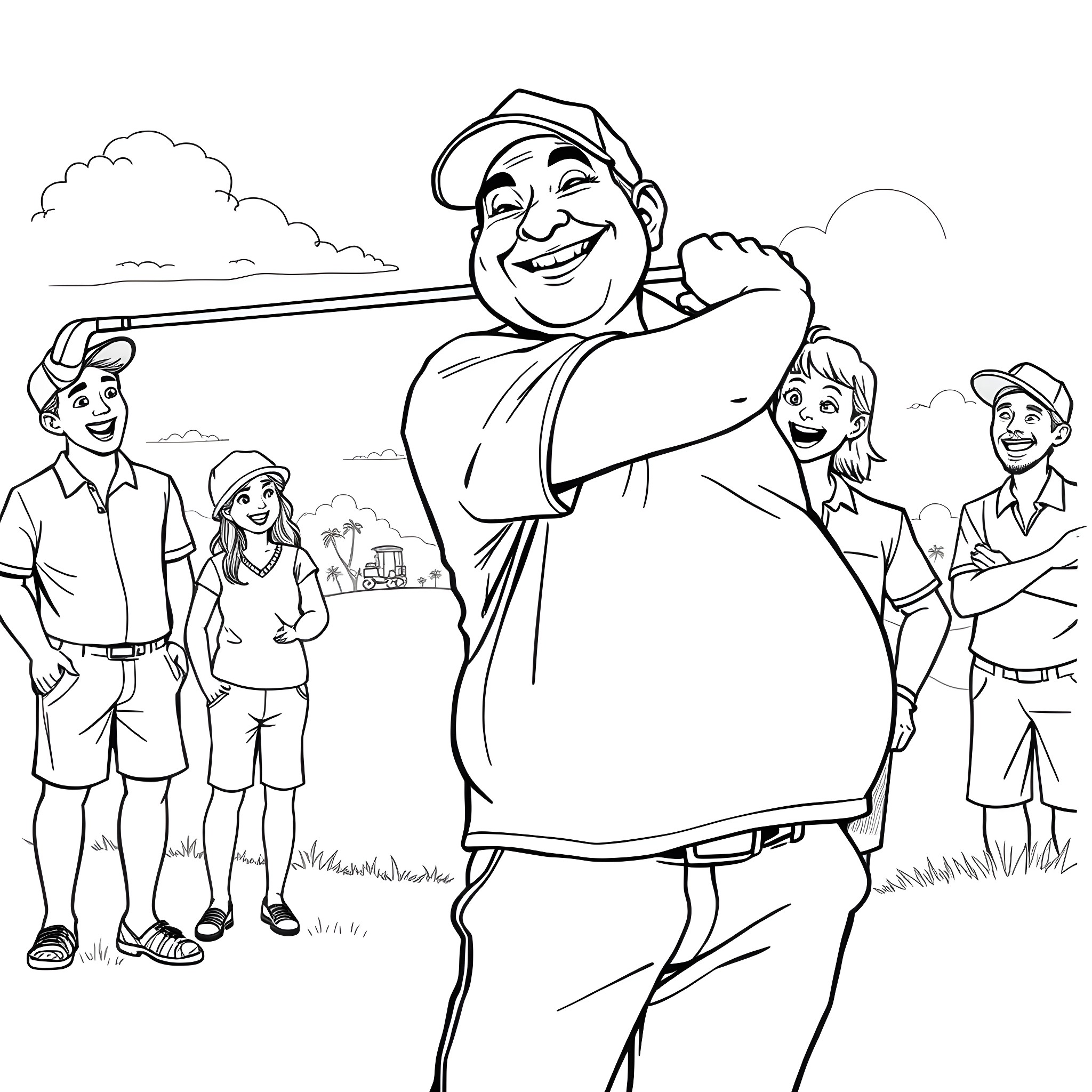 Dad enjoying golf with his family outdoors Coloring Page (free black-and-white line drawing printable PDF for all, from beginners to advanced learners, including children, teens, adults, and seniors)