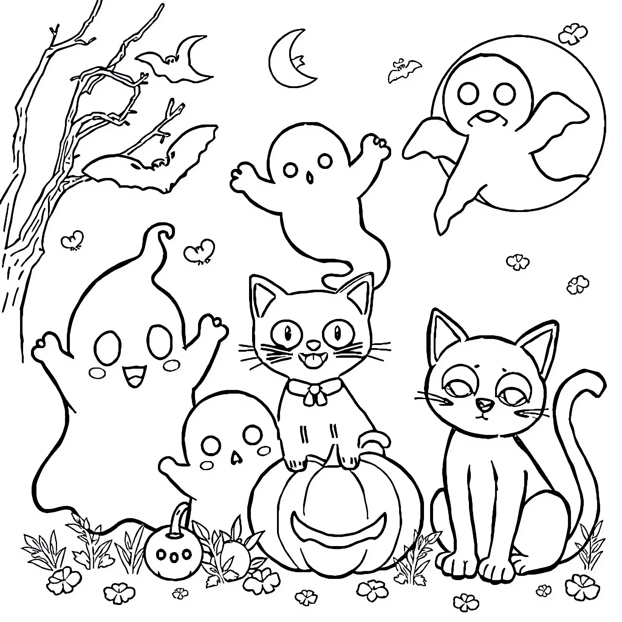 Spooky Halloween scene with cats and ghosts Coloring Page (free black-and-white line drawing printable PDF for all, from beginners to advanced learners, including children, teens, adults, and seniors)