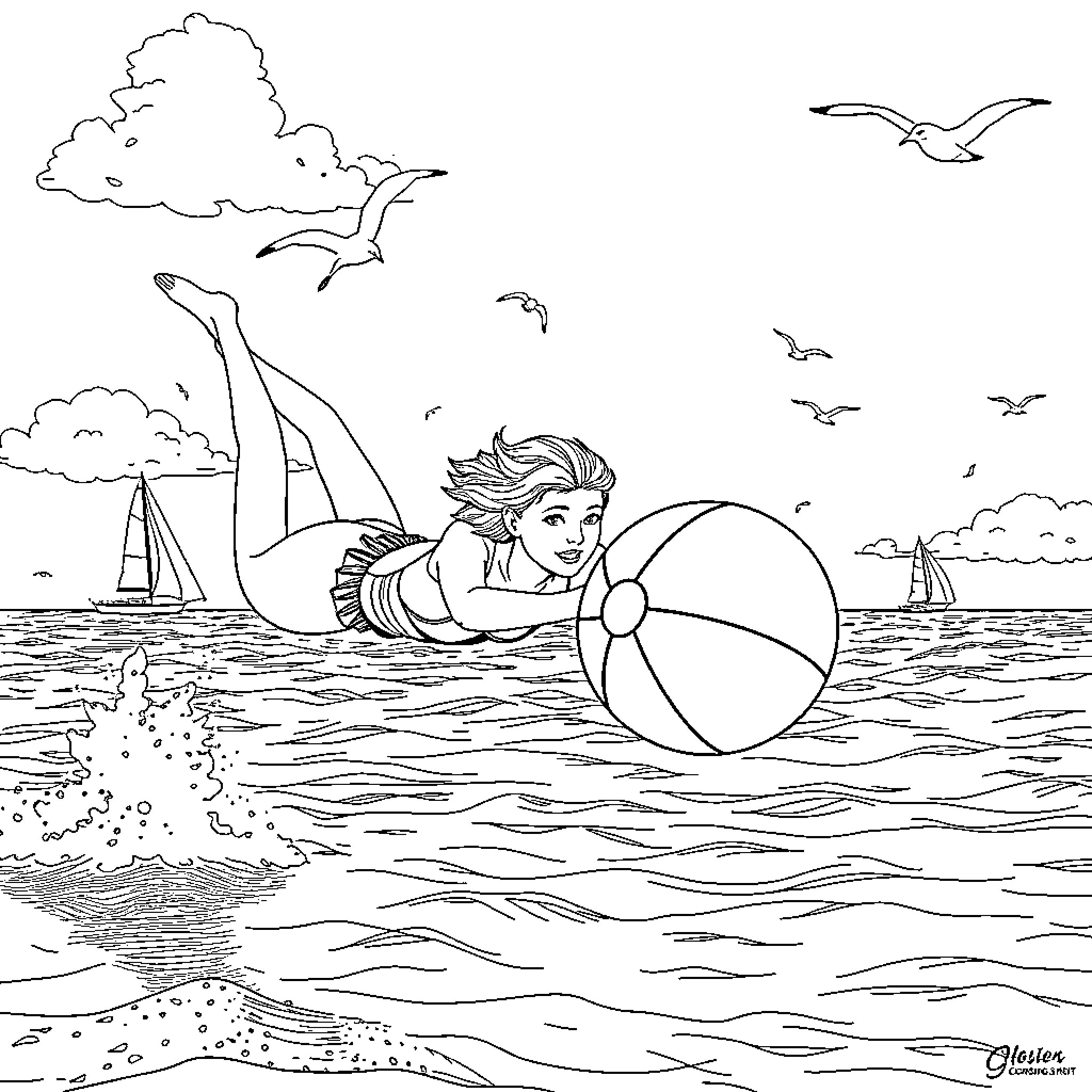 Beach Ball Mermaid Playing in the Ocean Coloring Page (free black-and-white line drawing printable PDF for all, from beginners to advanced learners, including children, teens, adults, and seniors)