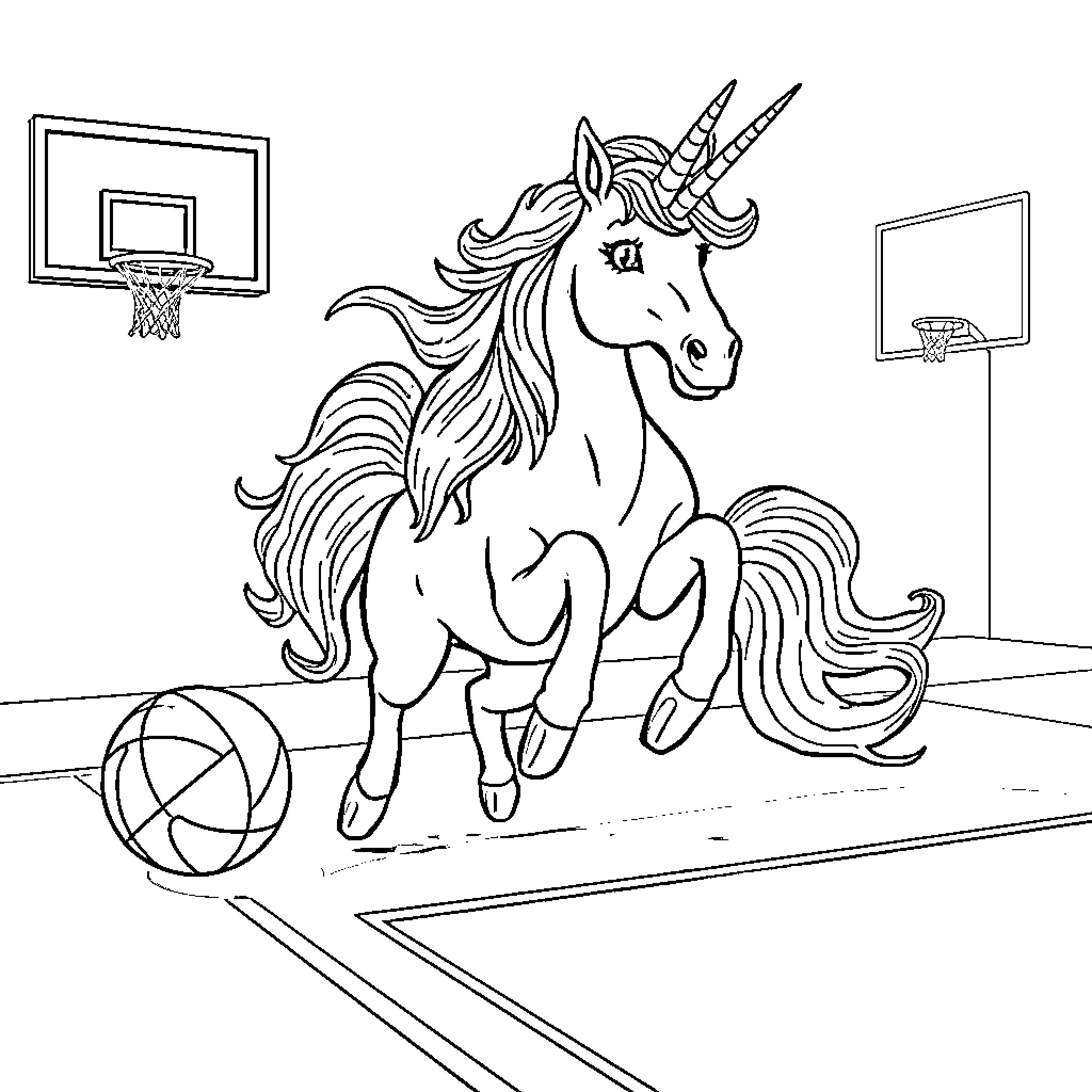 Unicorn Dribbles Basketball in Magical Court Coloring Page (free black-and-white line drawing printable PDF for all, from beginners to advanced learners, including children, teens, adults, and seniors)