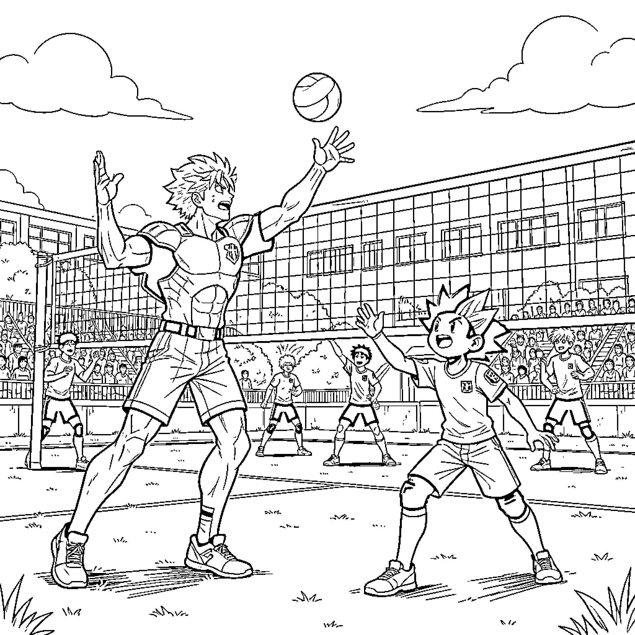 Allmight playing volleyball with teammates on a court Coloring Page (free black-and-white line drawing printable PDF for all, from beginners to advanced learners, including children, teens, adults, and seniors)