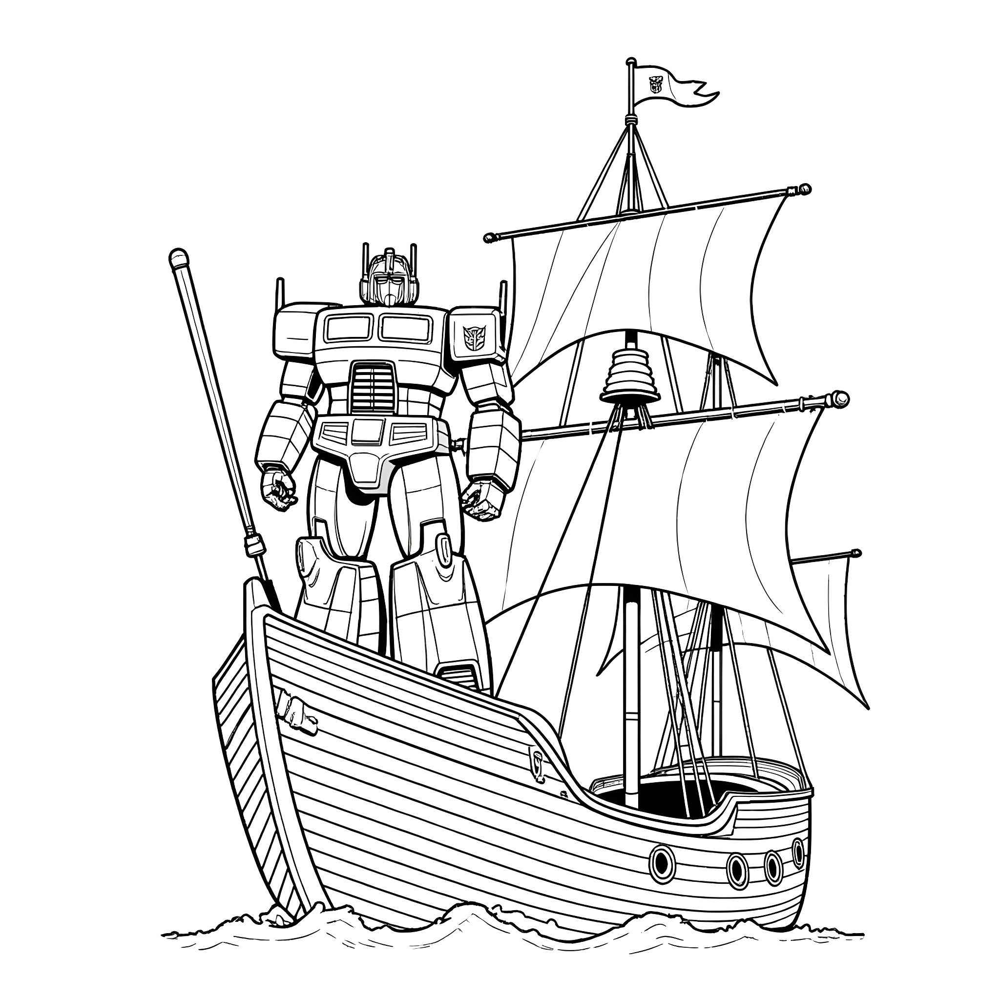 Optimus Prime commanding a mighty robotic ship on the high seas Coloring Page (free black-and-white line drawing printable PDF for all, from beginners to advanced learners, including children, teens, adults, and seniors)