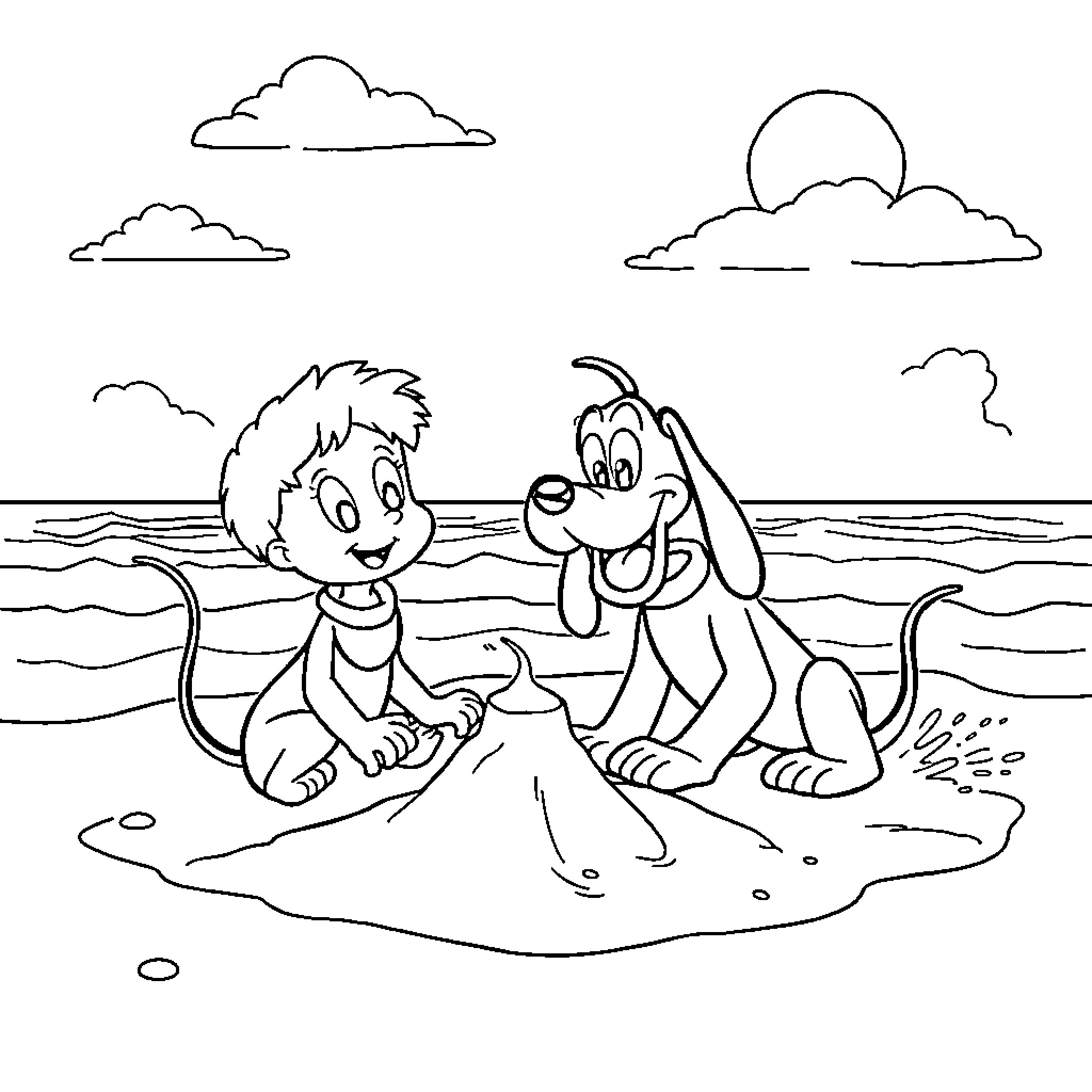 Minnie and her dog playing by the seaside Coloring Page (free black-and-white line drawing printable PDF for all, from beginners to advanced learners, including children, teens, adults, and seniors)