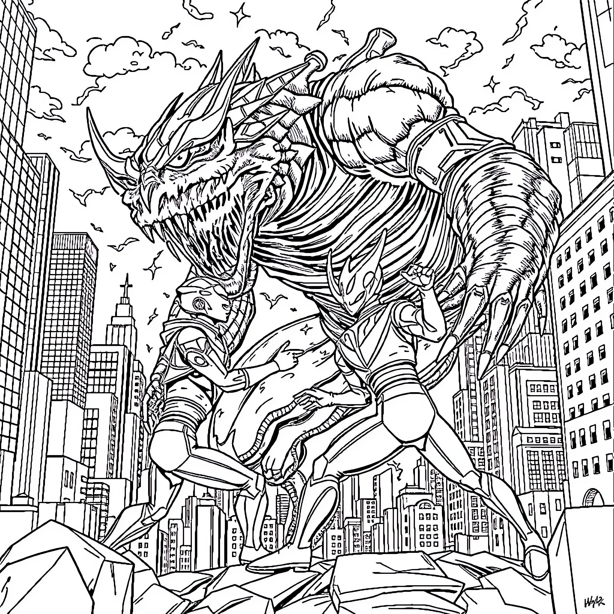 Ultraman battling a monstrous creature in the city Coloring Page (free black-and-white line drawing printable PDF for all, from beginners to advanced learners, including children, teens, adults, and seniors)