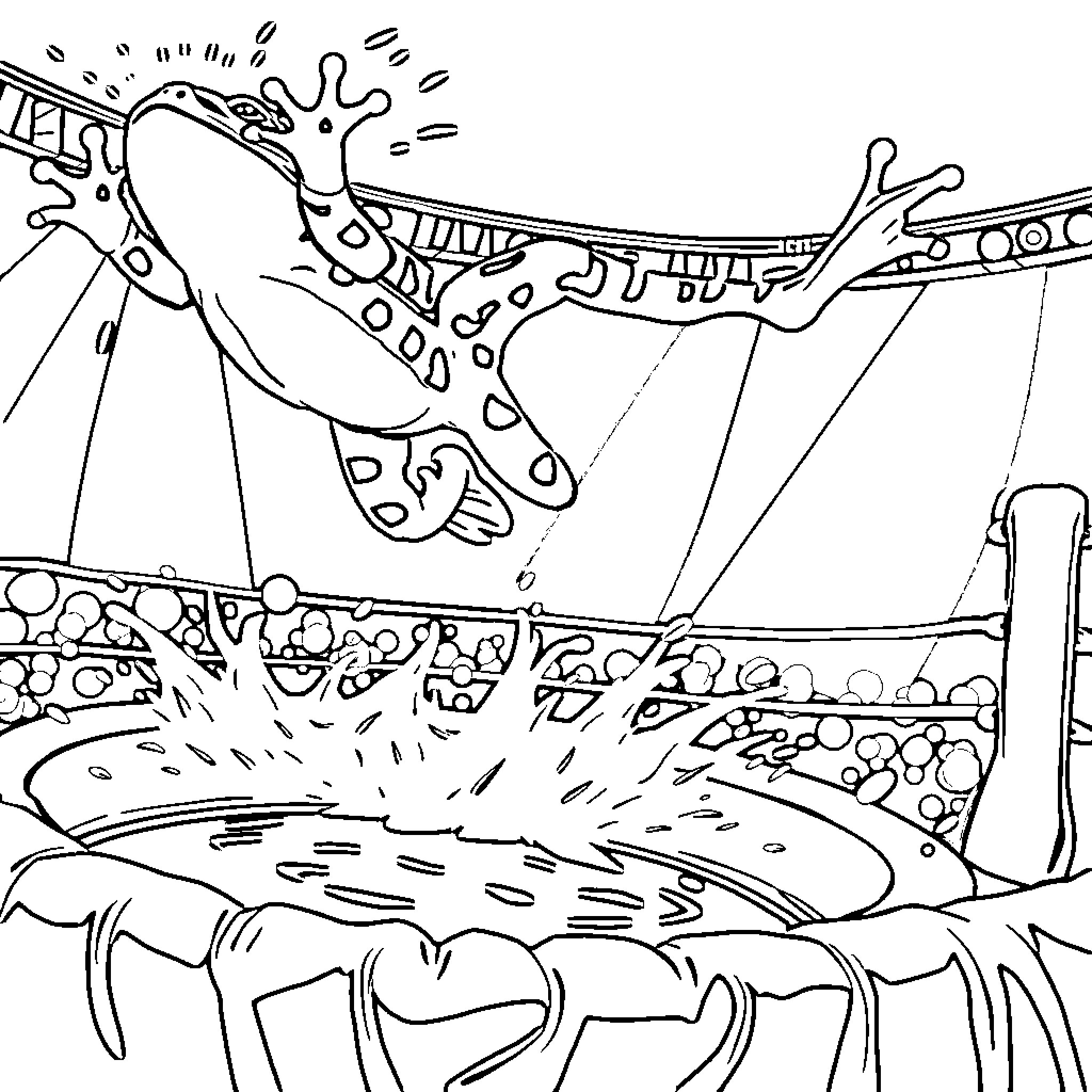 Pentatic Creature Soaring Over Vibrant Landscape Coloring Page (free black-and-white line drawing printable PDF for all, from beginners to advanced learners, including children, teens, adults, and seniors)