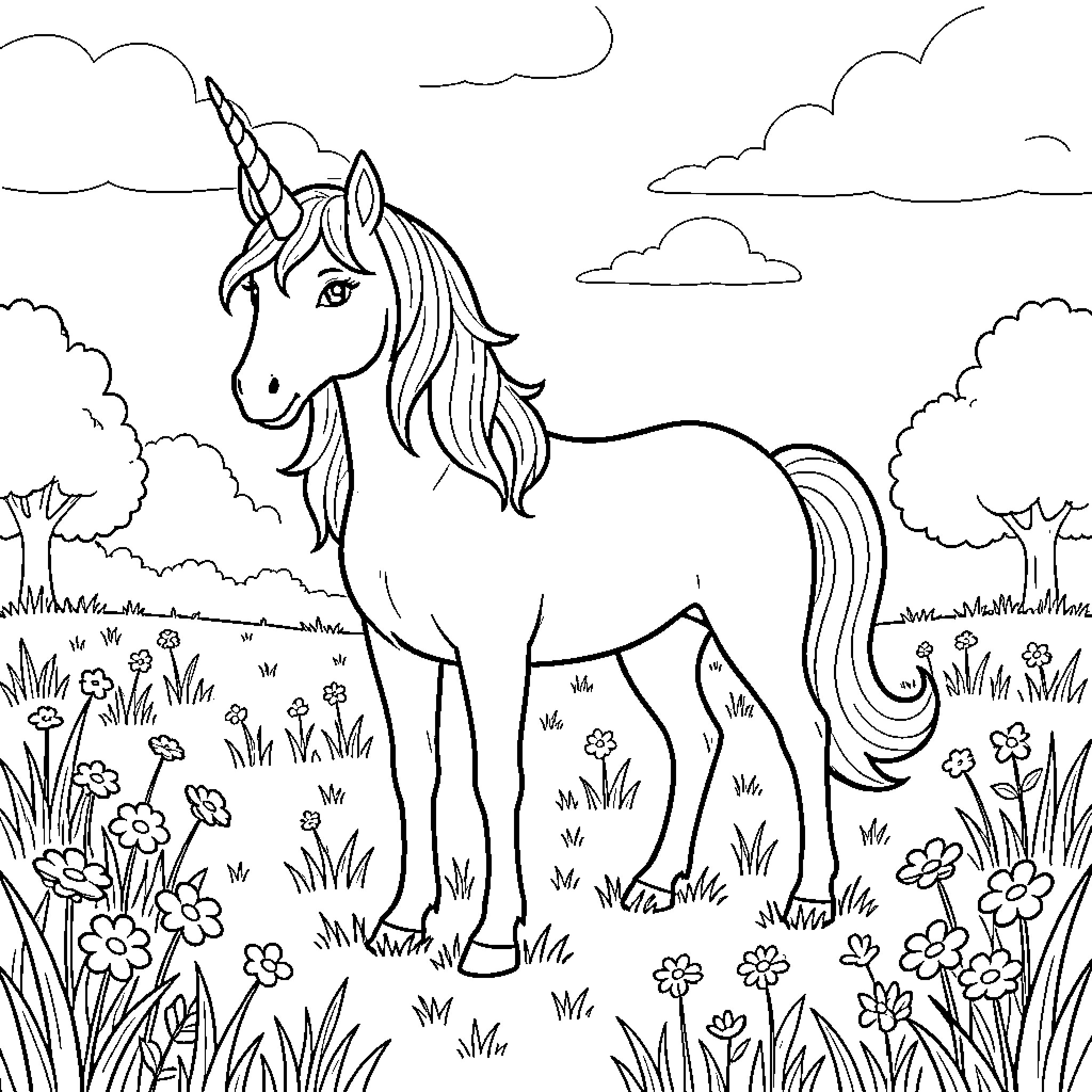 Unicorn standing peacefully in a flowery meadow Coloring Page (free black-and-white line drawing printable PDF for all, from beginners to advanced learners, including children, teens, adults, and seniors)