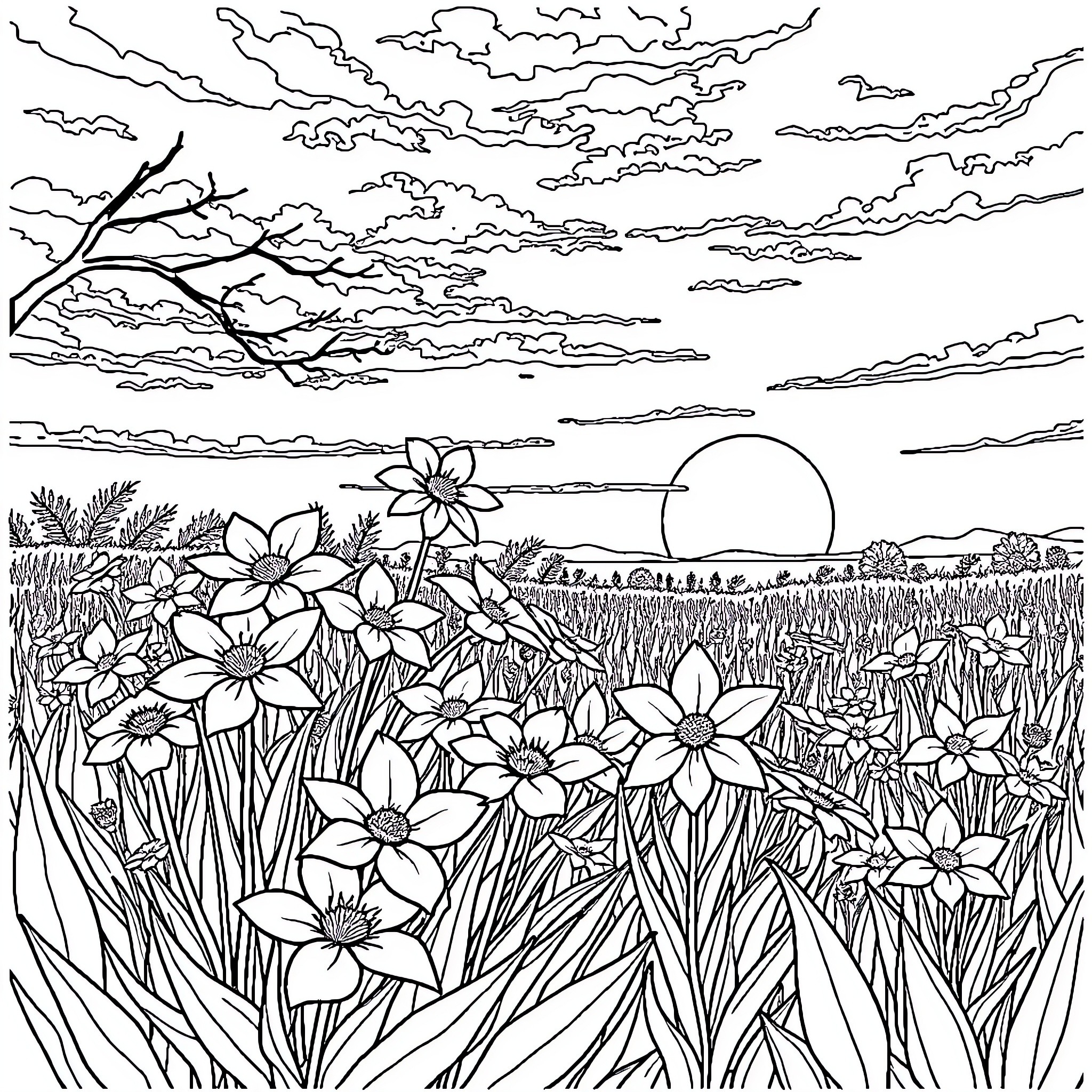 Flower field with dramatic clouds Coloring Page (free black-and-white line drawing printable PDF for all, from beginners to advanced learners, including children, teens, adults, and seniors)