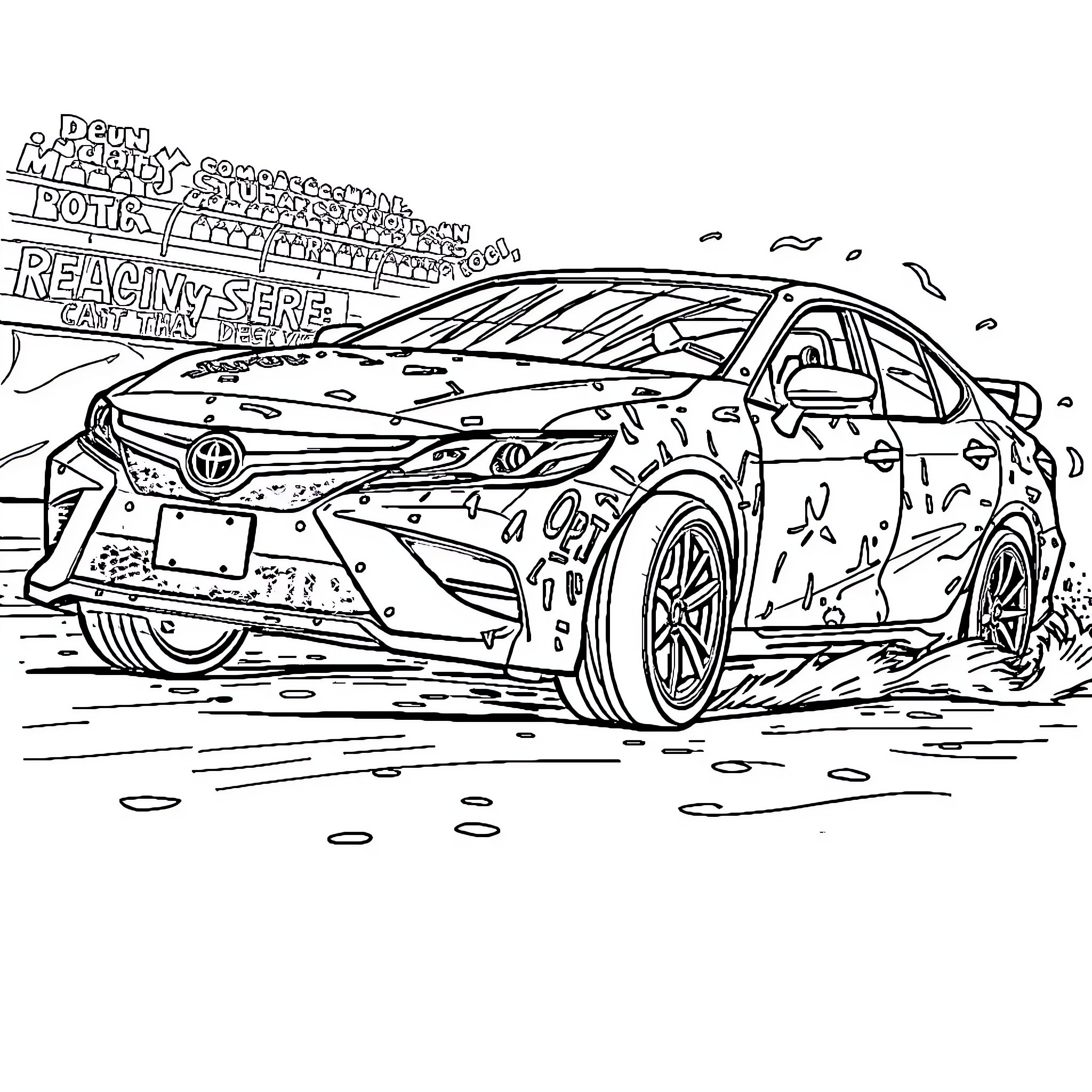 Camry racing through the rain Coloring Page (free black-and-white line drawing printable PDF for all, from beginners to advanced learners, including children, teens, adults, and seniors)