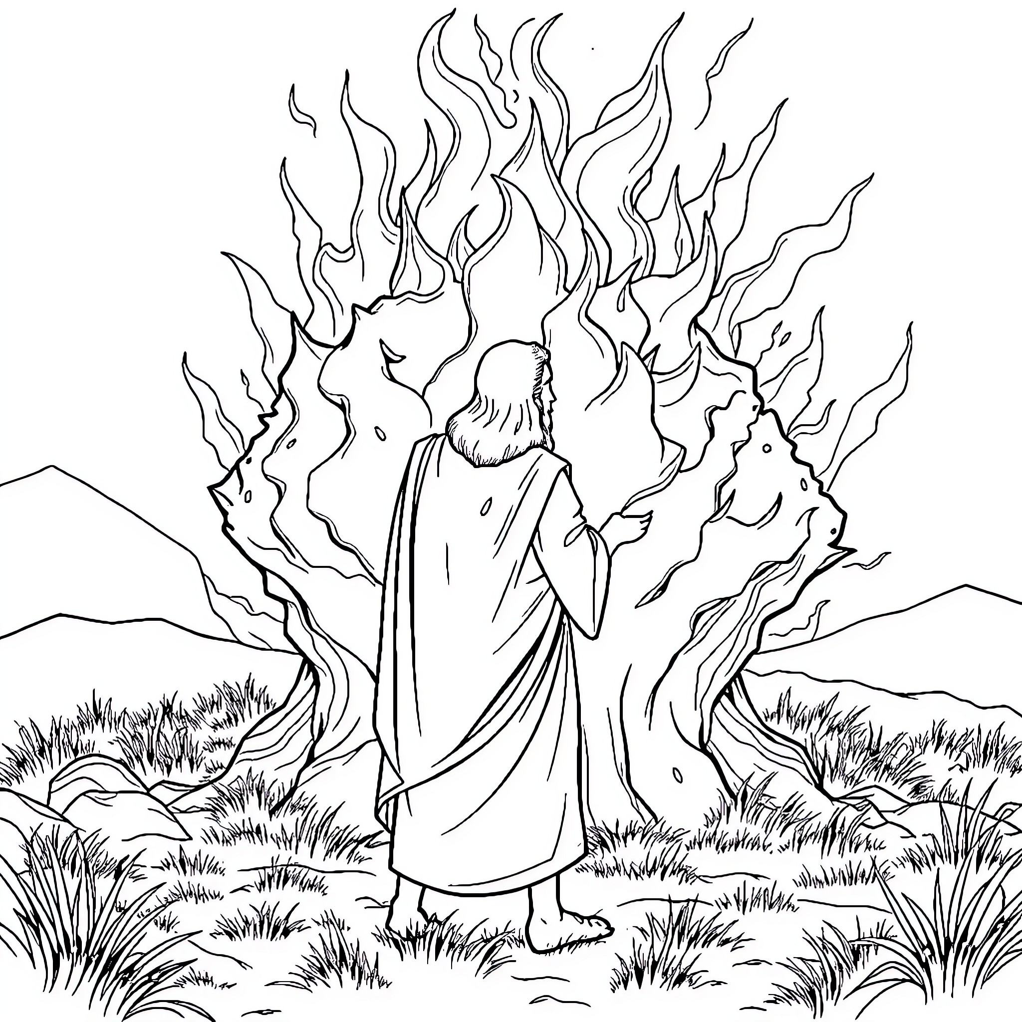 Moses Encounters the Burning Bush Coloring Page (free black-and-white line drawing printable PDF for all, from beginners to advanced learners, including children, teens, adults, and seniors)