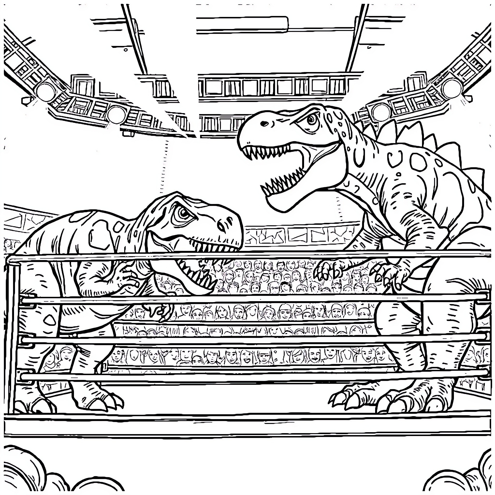 Dinosaurs battling fiercely in prehistoric scene Coloring Page (free black-and-white line drawing printable PDF for all, from beginners to advanced learners, including children, teens, adults, and seniors)