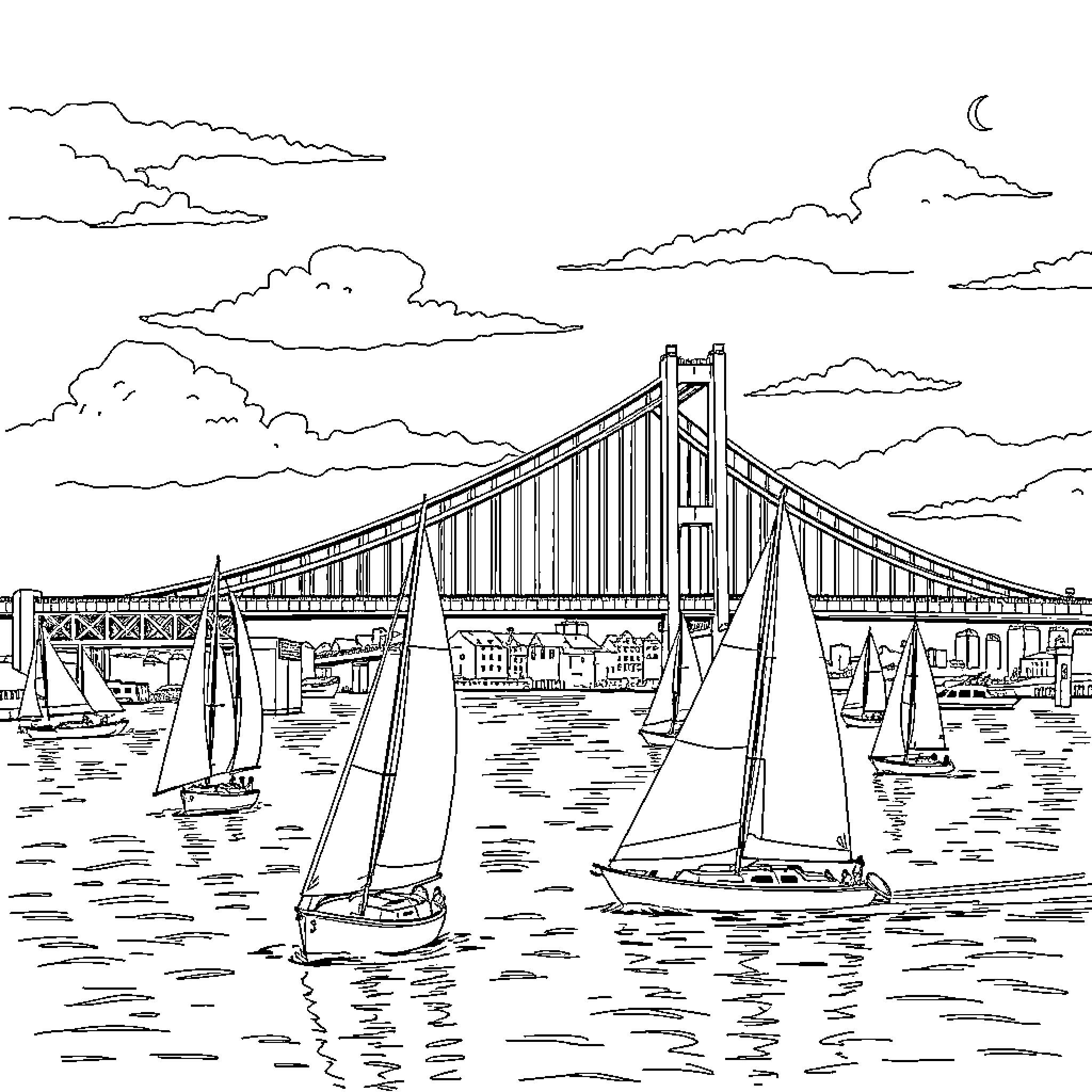 Boat crossing the bay near a large suspension bridge Coloring Page (free black-and-white line drawing printable PDF for all, from beginners to advanced learners, including children, teens, adults, and seniors)