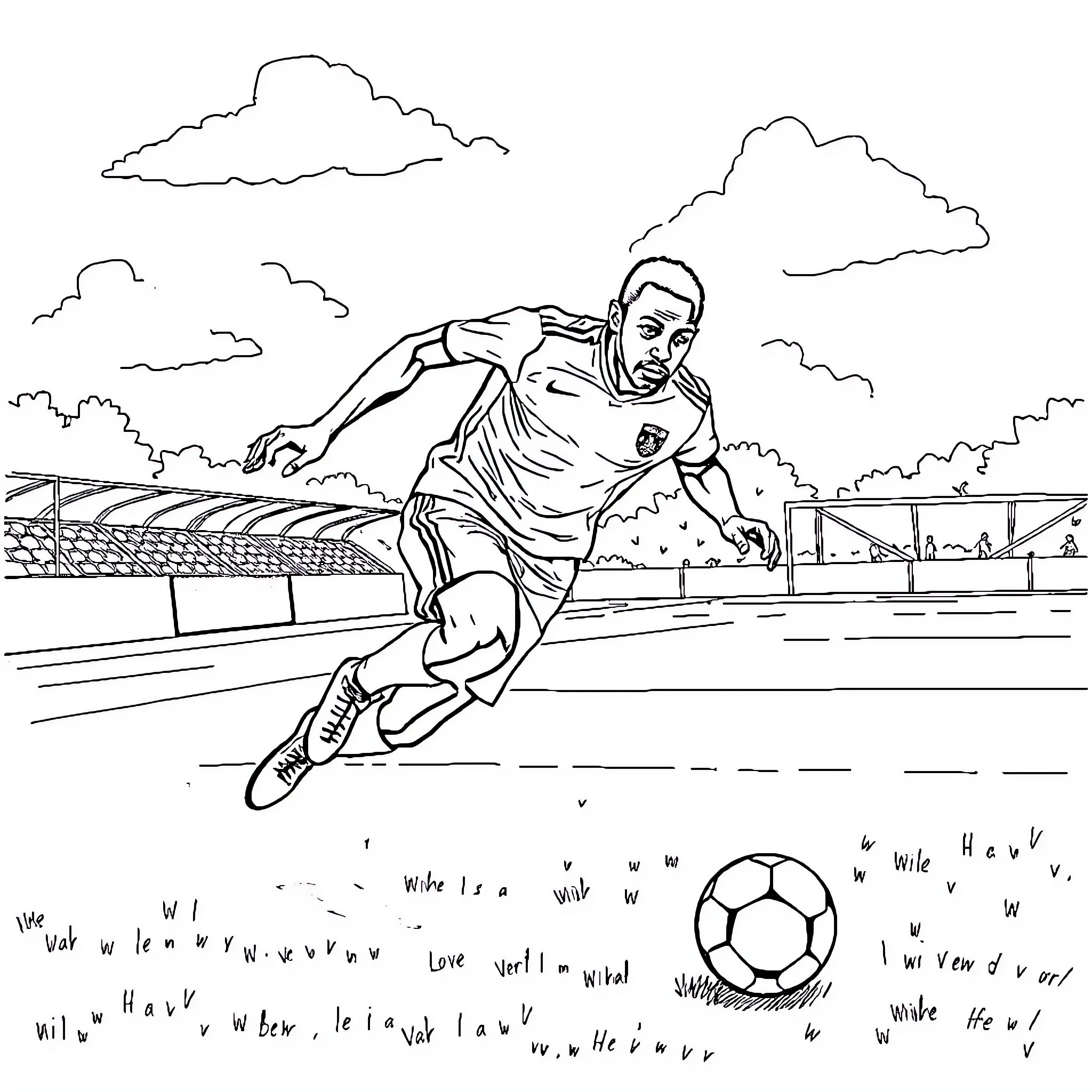 Malick Fofana playing soccer on the field Coloring Page (free black-and-white line drawing printable PDF for all, from beginners to advanced learners, including children, teens, adults, and seniors)