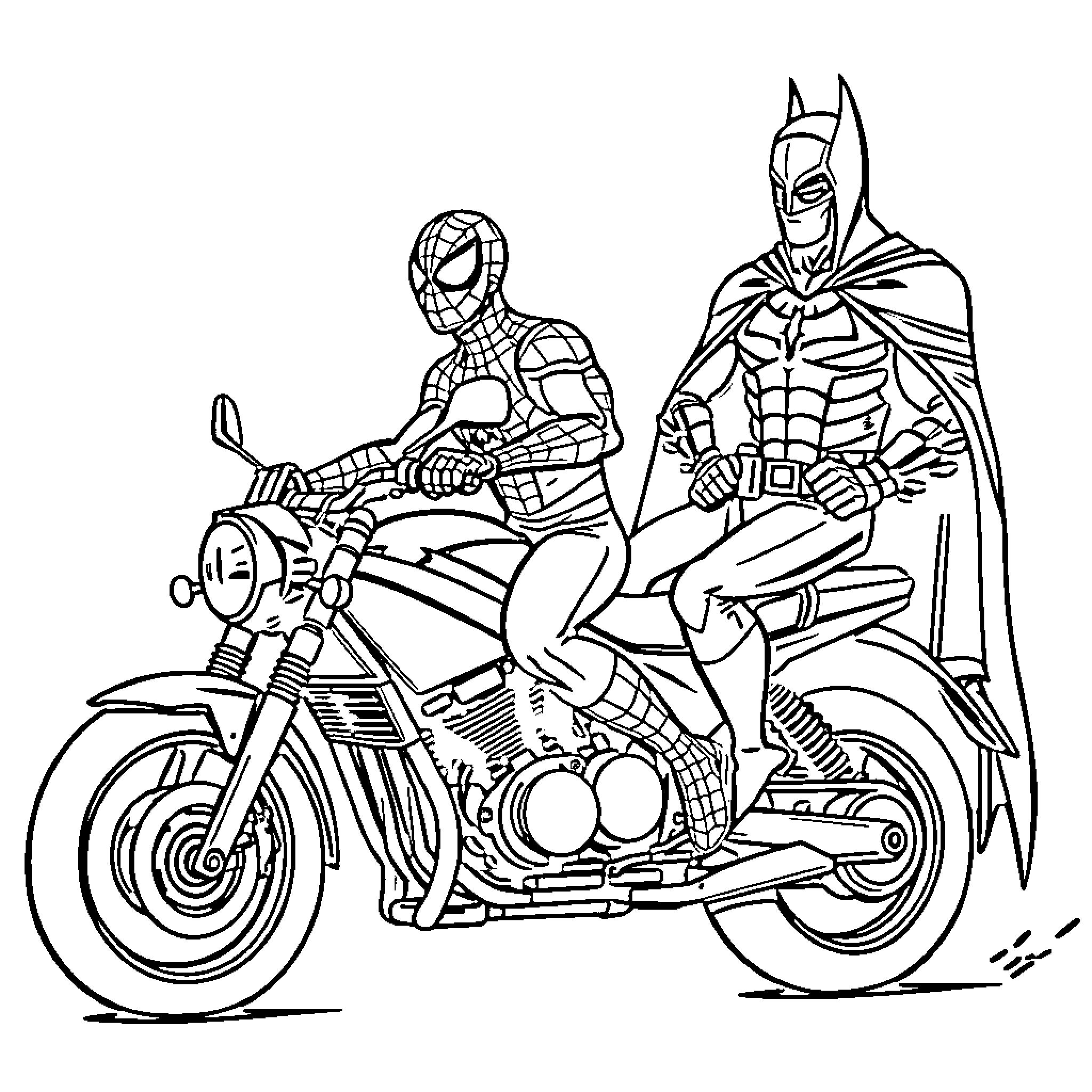 Spiderman and Batman riding motorcycles together Coloring Page (free black-and-white line drawing printable PDF for all, from beginners to advanced learners, including children, teens, adults, and seniors)