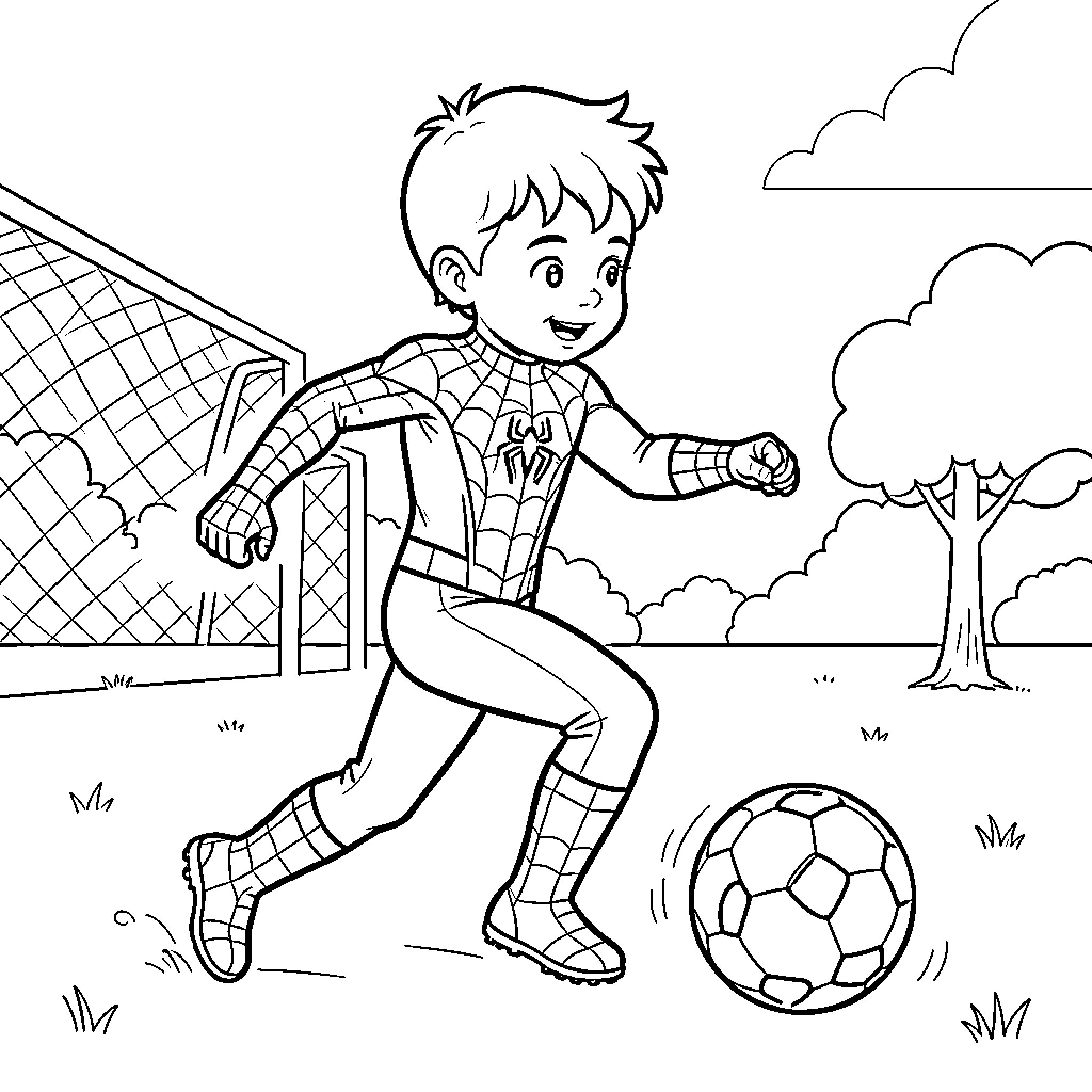 Spiderman costume boy playing soccer in a field Coloring Page (free black-and-white line drawing printable PDF for all, from beginners to advanced learners, including children, teens, adults, and seniors)