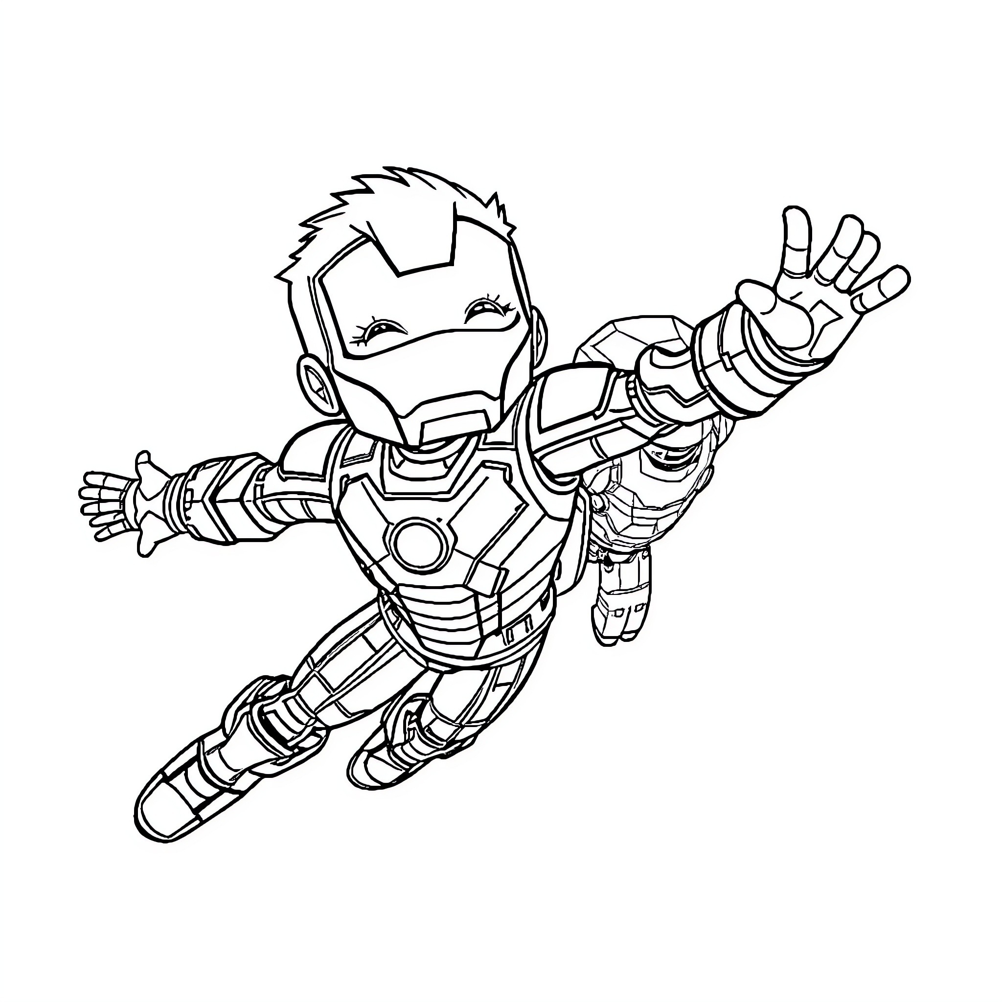 Iron Man in action pose with high-tech armor Coloring Page (free black-and-white line drawing printable PDF for all, from beginners to advanced learners, including children, teens, adults, and seniors)