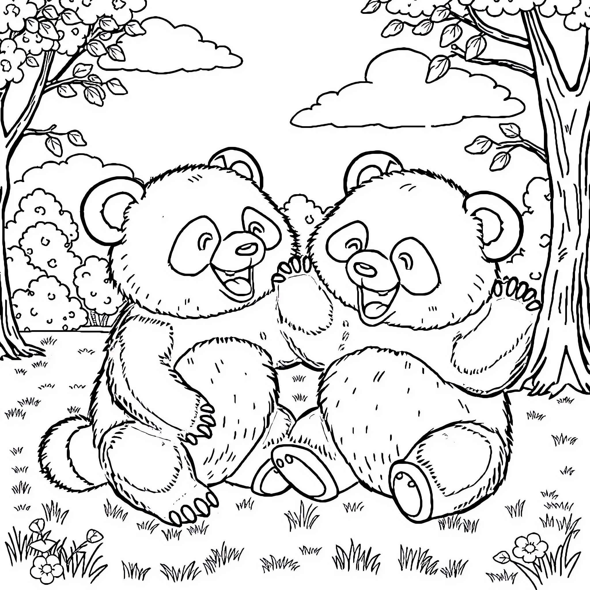 Labubu's Playful Panda Pals in the Woods Coloring Page (free black-and-white line drawing printable PDF for all, from beginners to advanced learners, including children, teens, adults, and seniors)