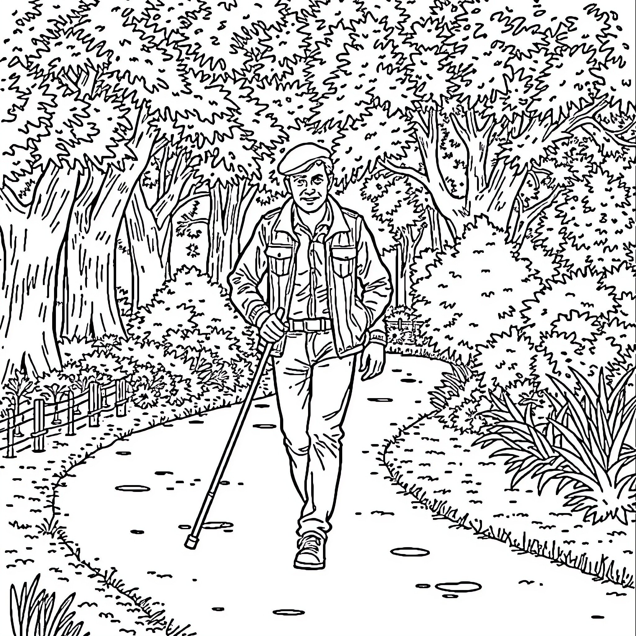 Man walking along a forest path Coloring Page (free black-and-white line drawing printable PDF for all, from beginners to advanced learners, including children, teens, adults, and seniors)