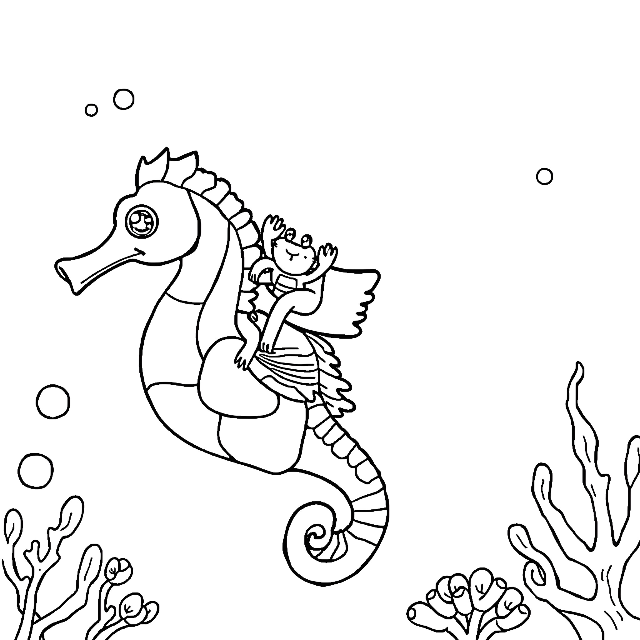 Crab-like creature swimming underwater with marine plants Coloring Page (free black-and-white line drawing printable PDF for all, from beginners to advanced learners, including children, teens, adults, and seniors)