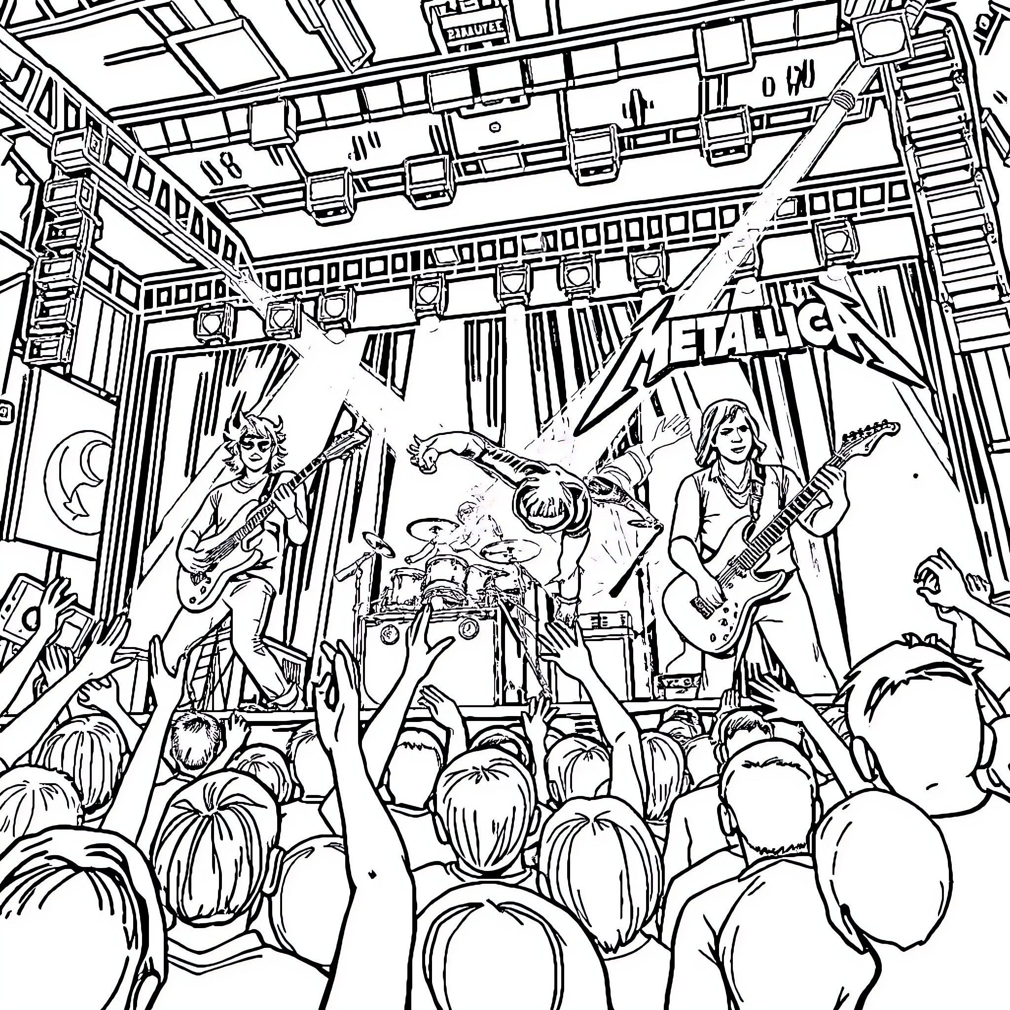 Concert of energetic rock band performing on stage Coloring Page (free black-and-white line drawing printable PDF for all, from beginners to advanced learners, including children, teens, adults, and seniors)