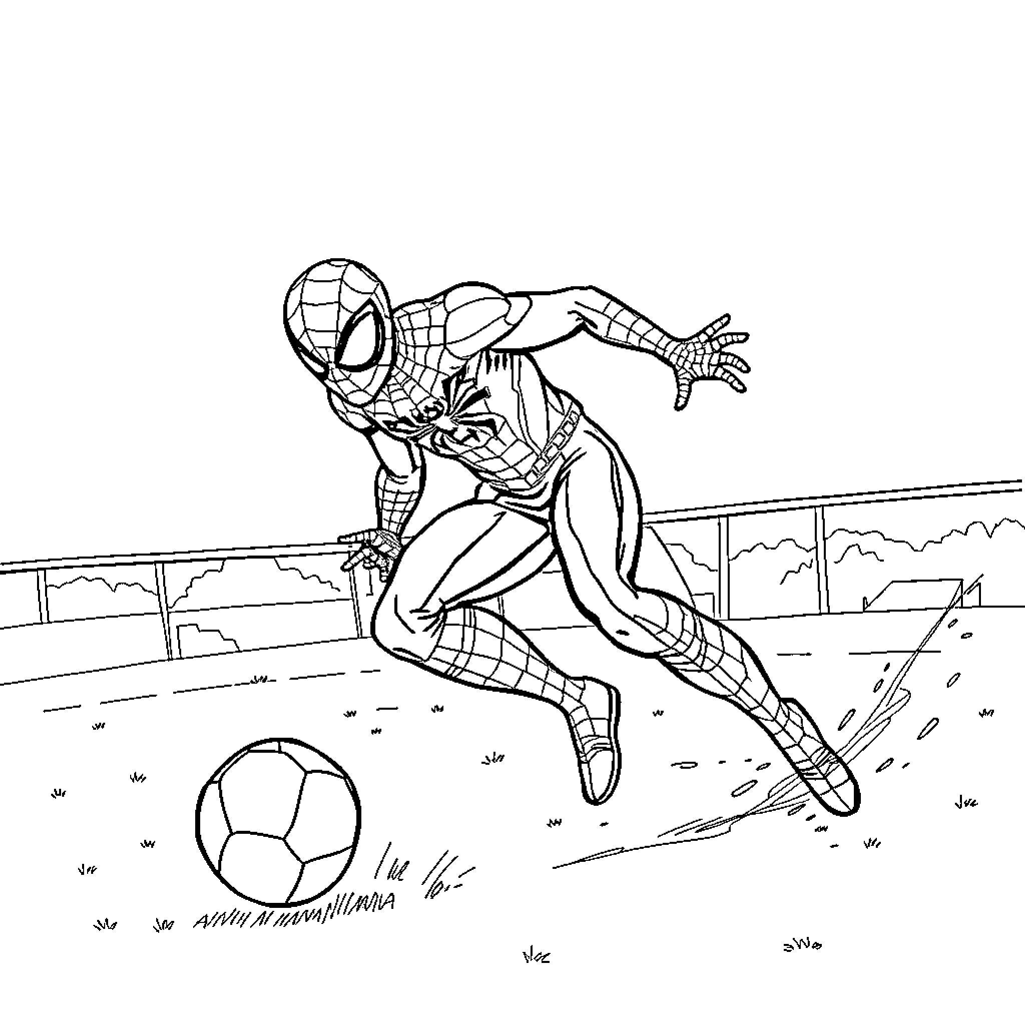 Spider-Man playing soccer on the field Coloring Page (free black-and-white line drawing printable PDF for all, from beginners to advanced learners, including children, teens, adults, and seniors)
