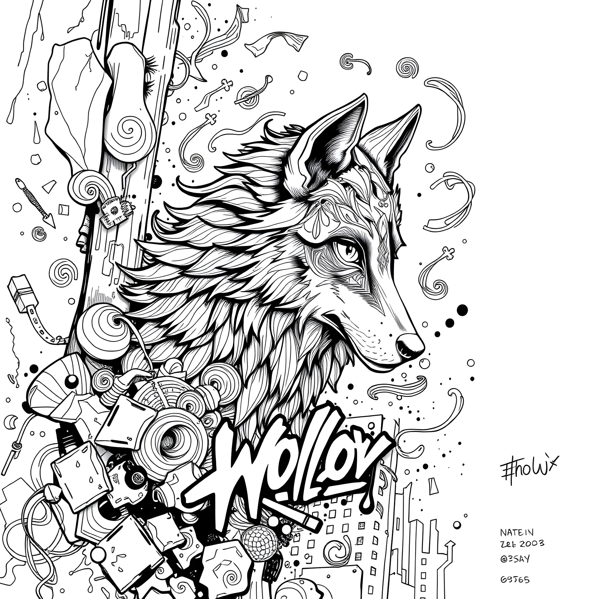 Wolf Howling Amidst Mystical Swirls and Patterns Coloring Page (free black-and-white line drawing printable PDF for all, from beginners to advanced learners, including children, teens, adults, and seniors)