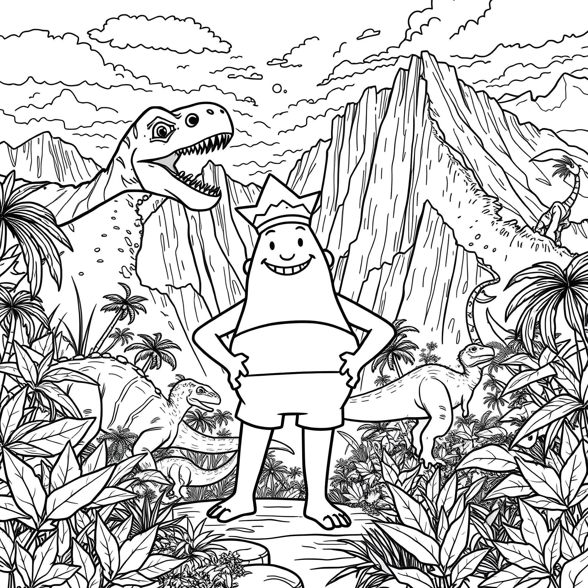 Captain Underpants in Prehistoric Jungle Adventure Coloring Page (free black-and-white line drawing printable PDF for all, from beginners to advanced learners, including children, teens, adults, and seniors)