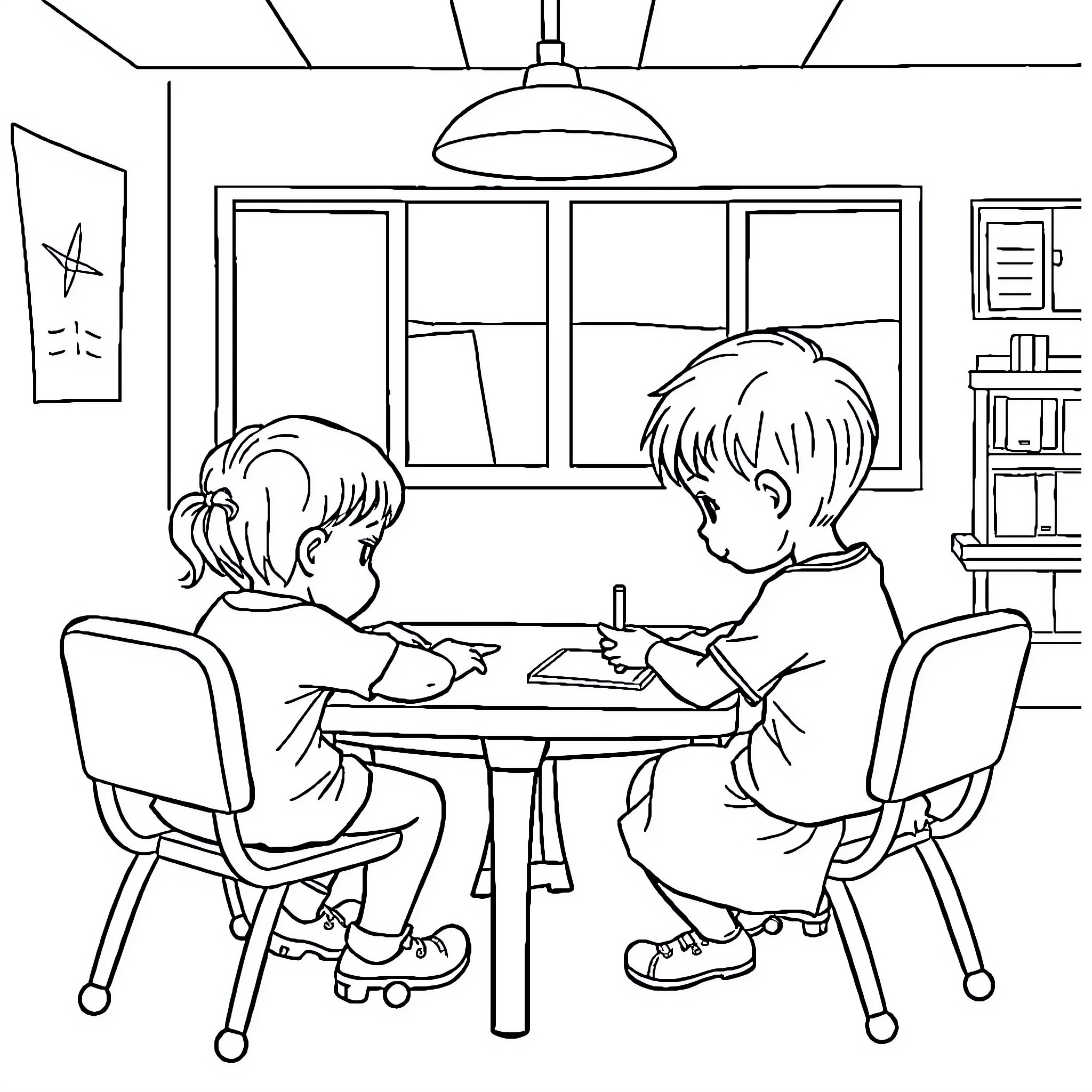 Child studying attentively at the desk Coloring Page (free black-and-white line drawing printable PDF for all, from beginners to advanced learners, including children, teens, adults, and seniors)