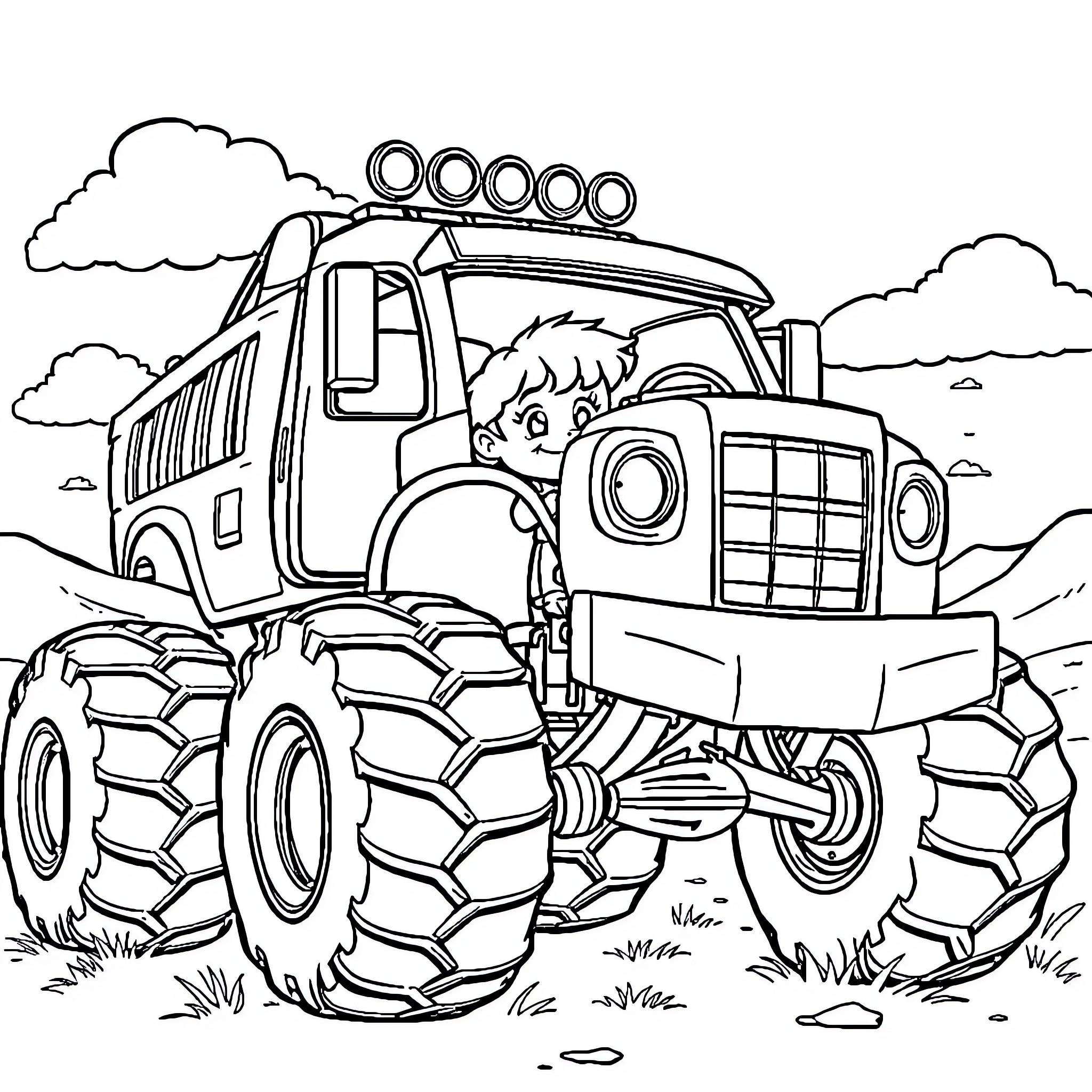 Clochette's Mighty Monster Truck Adventure Coloring Page (free black-and-white line drawing printable PDF for all, from beginners to advanced learners, including children, teens, adults, and seniors)