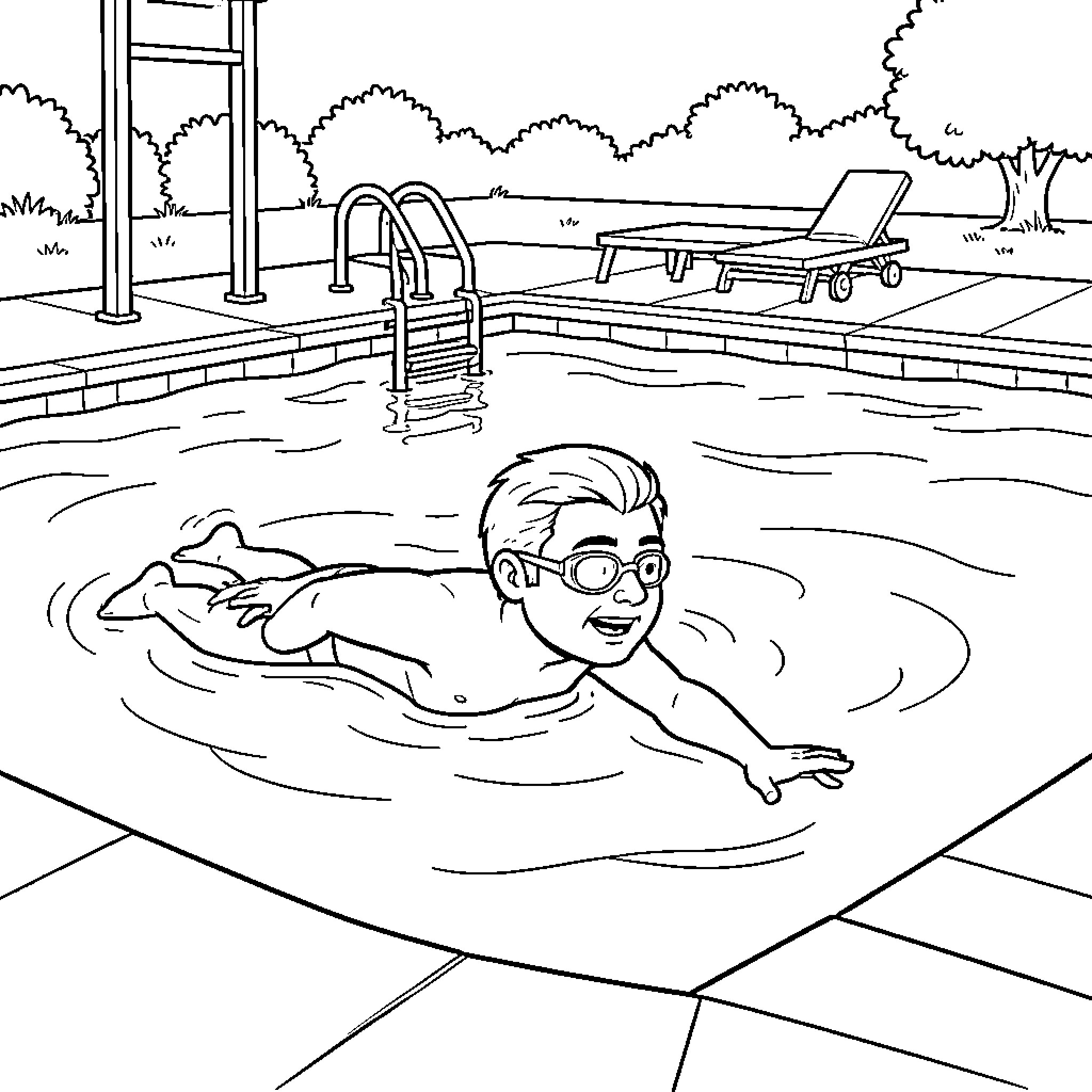 Nageur swimming happily in a backyard pool Coloring Page (free black-and-white line drawing printable PDF for all, from beginners to advanced learners, including children, teens, adults, and seniors)