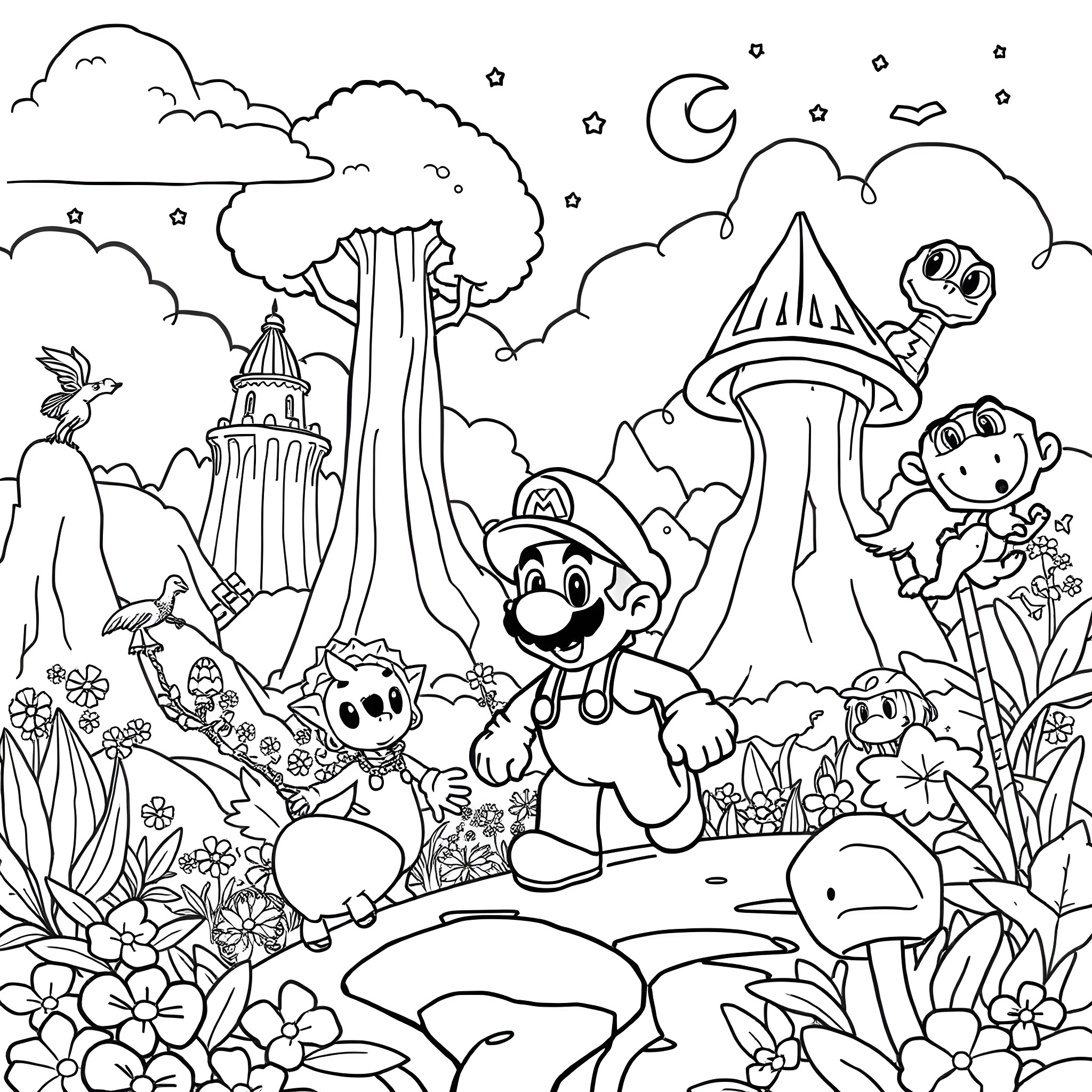 Mario's Whimsical Wonderland Adventure Coloring Page (free black-and-white line drawing printable PDF for all, from beginners to advanced learners, including children, teens, adults, and seniors)