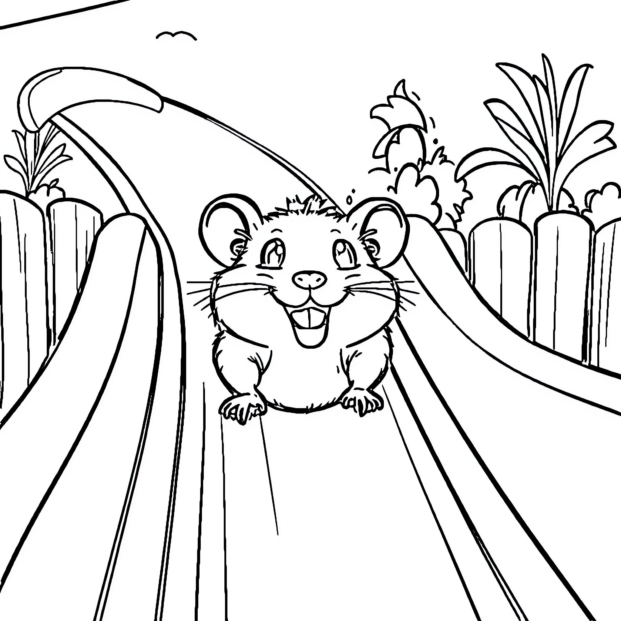 Hamster excitedly sliding down a hill Coloring Page (free black-and-white line drawing printable PDF for all, from beginners to advanced learners, including children, teens, adults, and seniors)