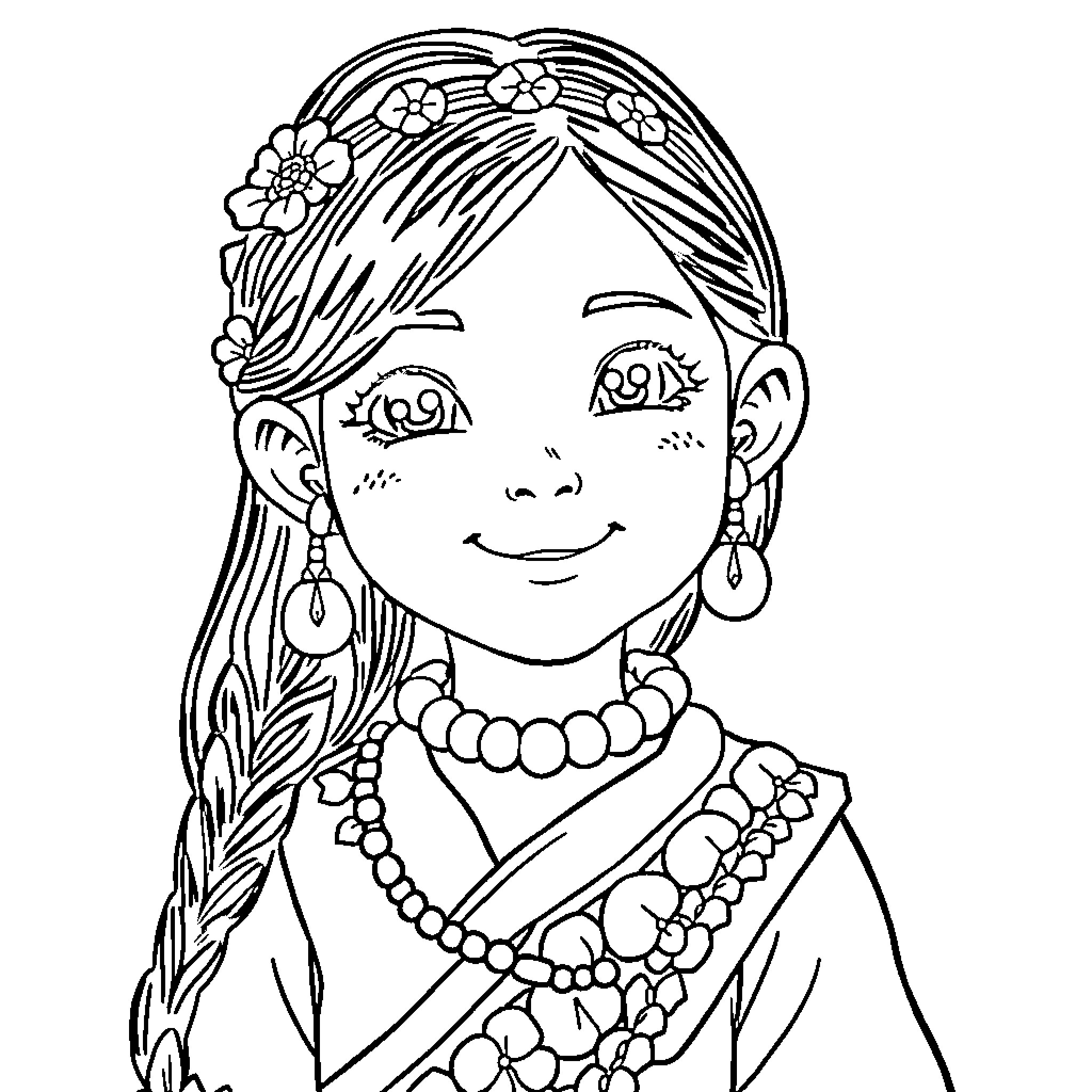 Maori Girl in Traditional Attire and Accessories Coloring Page (free black-and-white line drawing printable PDF for all, from beginners to advanced learners, including children, teens, adults, and seniors)