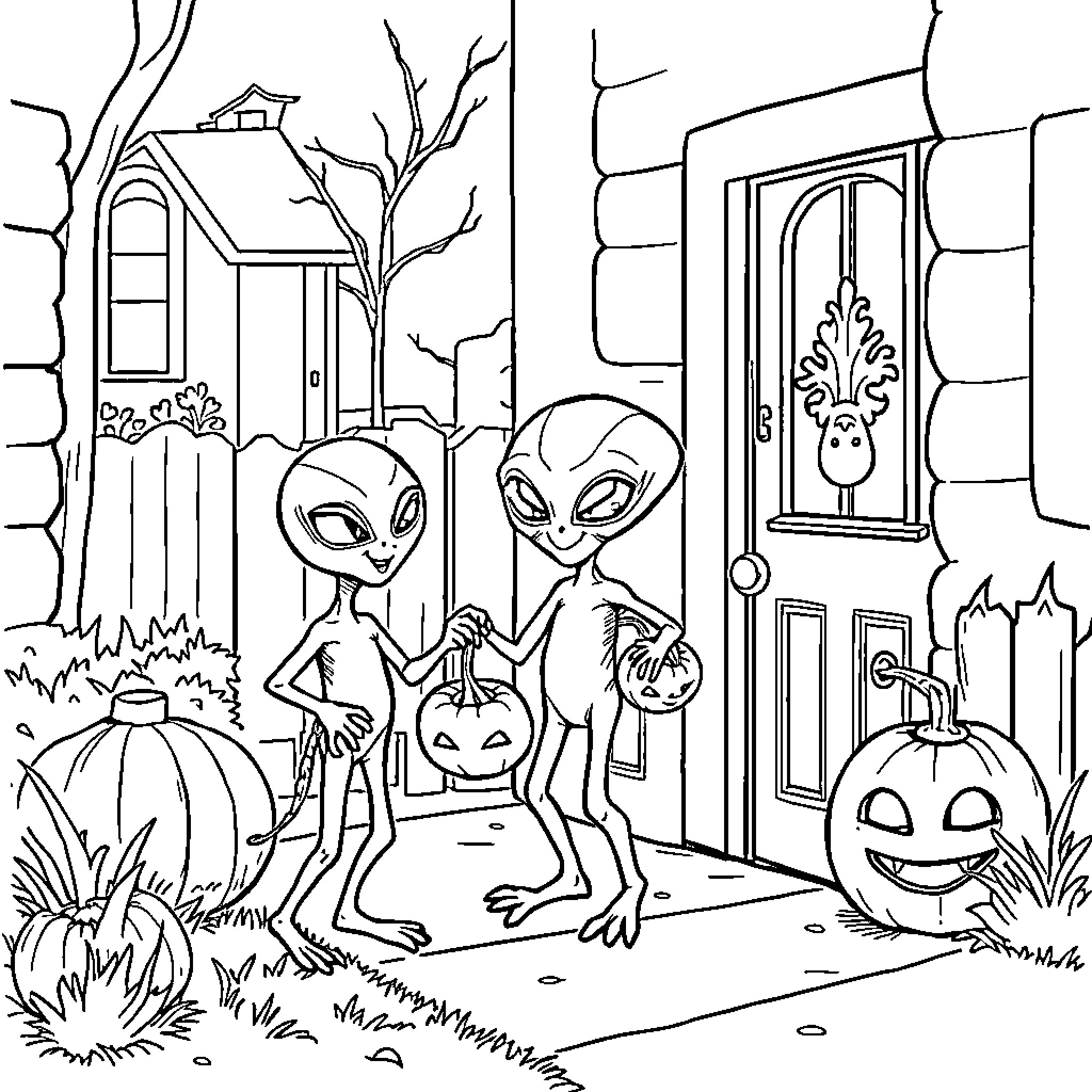 Alien duo exploring spooky neighborhood on Halloween Coloring Page (free black-and-white line drawing printable PDF for all, from beginners to advanced learners, including children, teens, adults, and seniors)