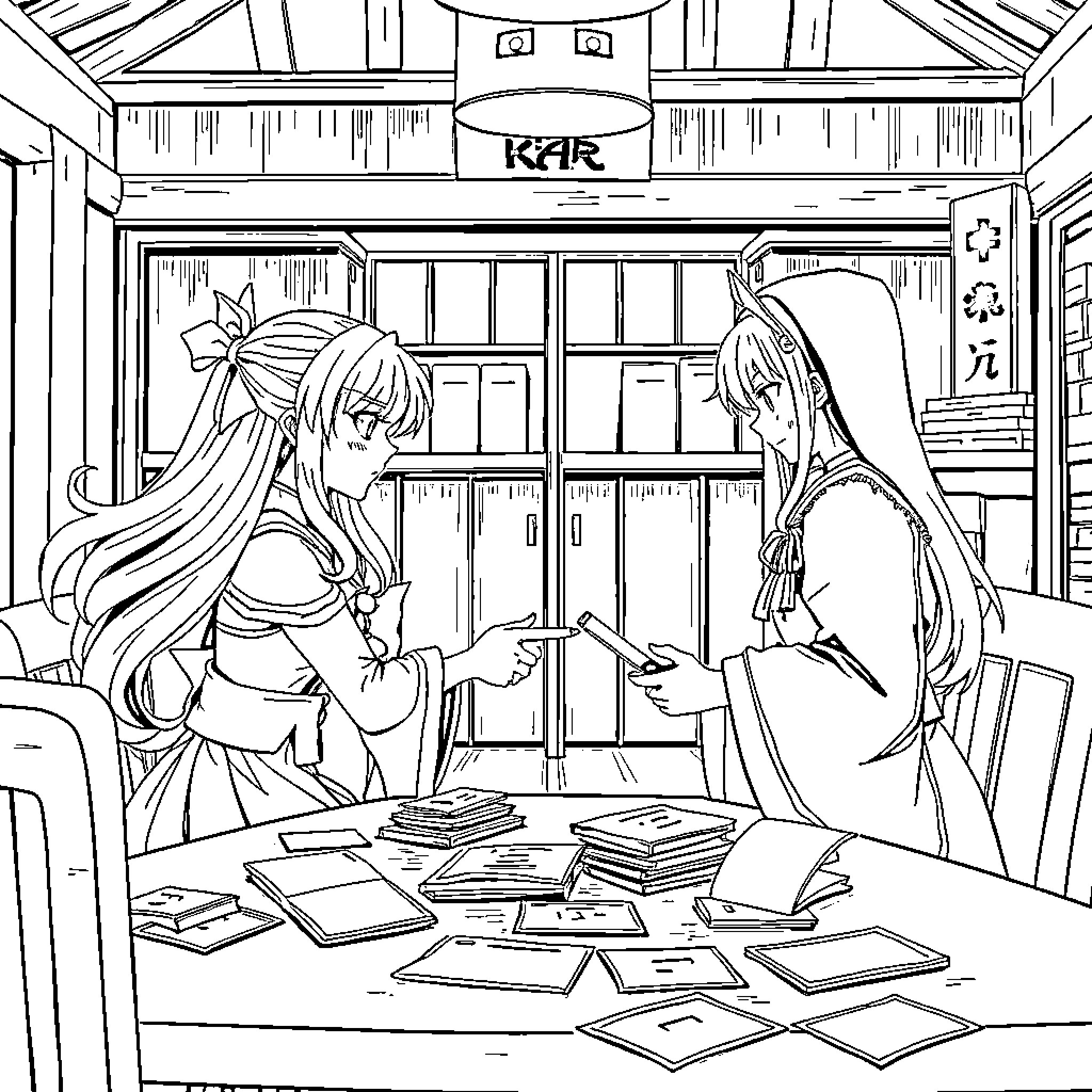 Sakura characters interacting over a table with cards Coloring Page (free black-and-white line drawing printable PDF for all, from beginners to advanced learners, including children, teens, adults, and seniors)