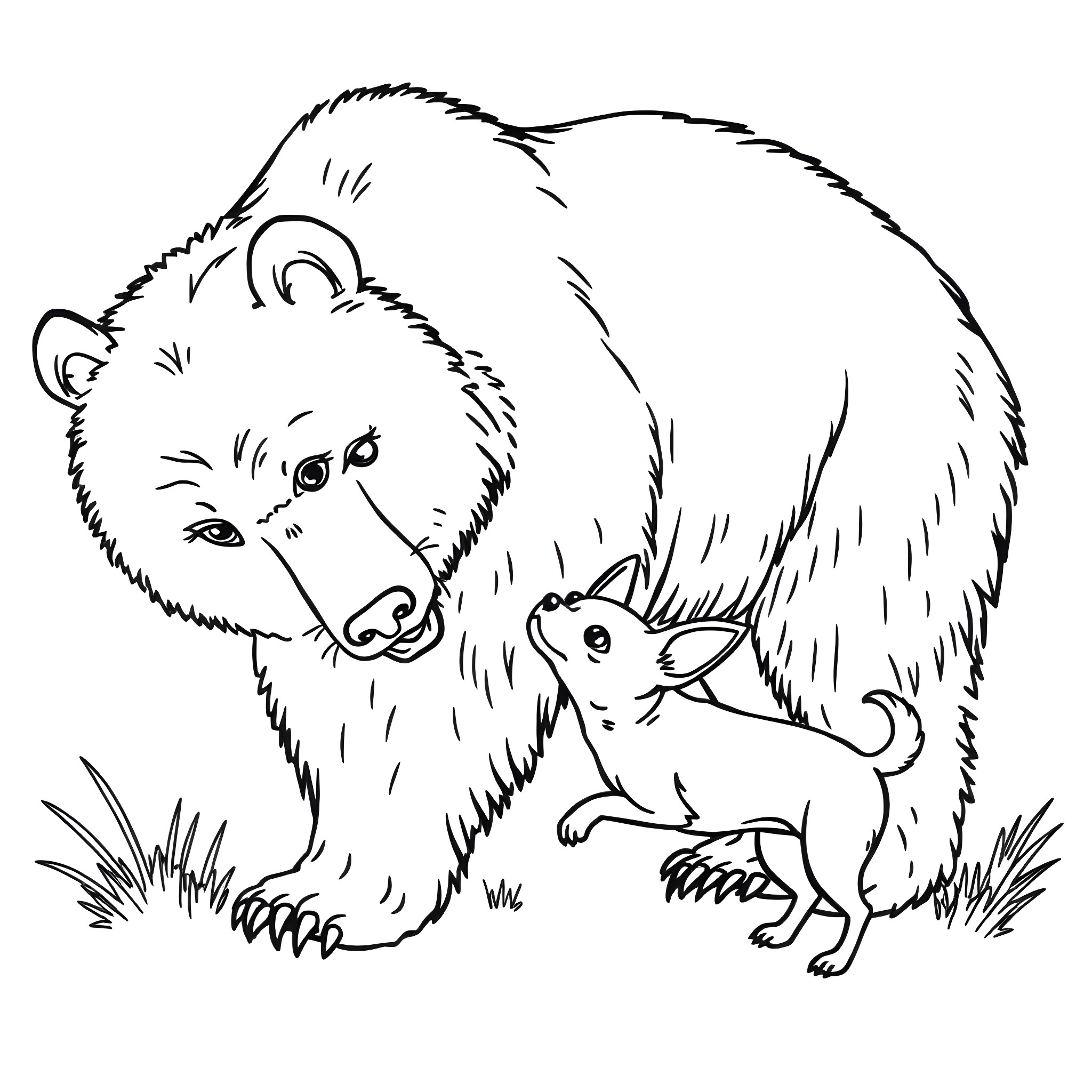 Bear and baby animal in nature Coloring Page (free black-and-white line drawing printable PDF for all, from beginners to advanced learners, including children, teens, adults, and seniors)