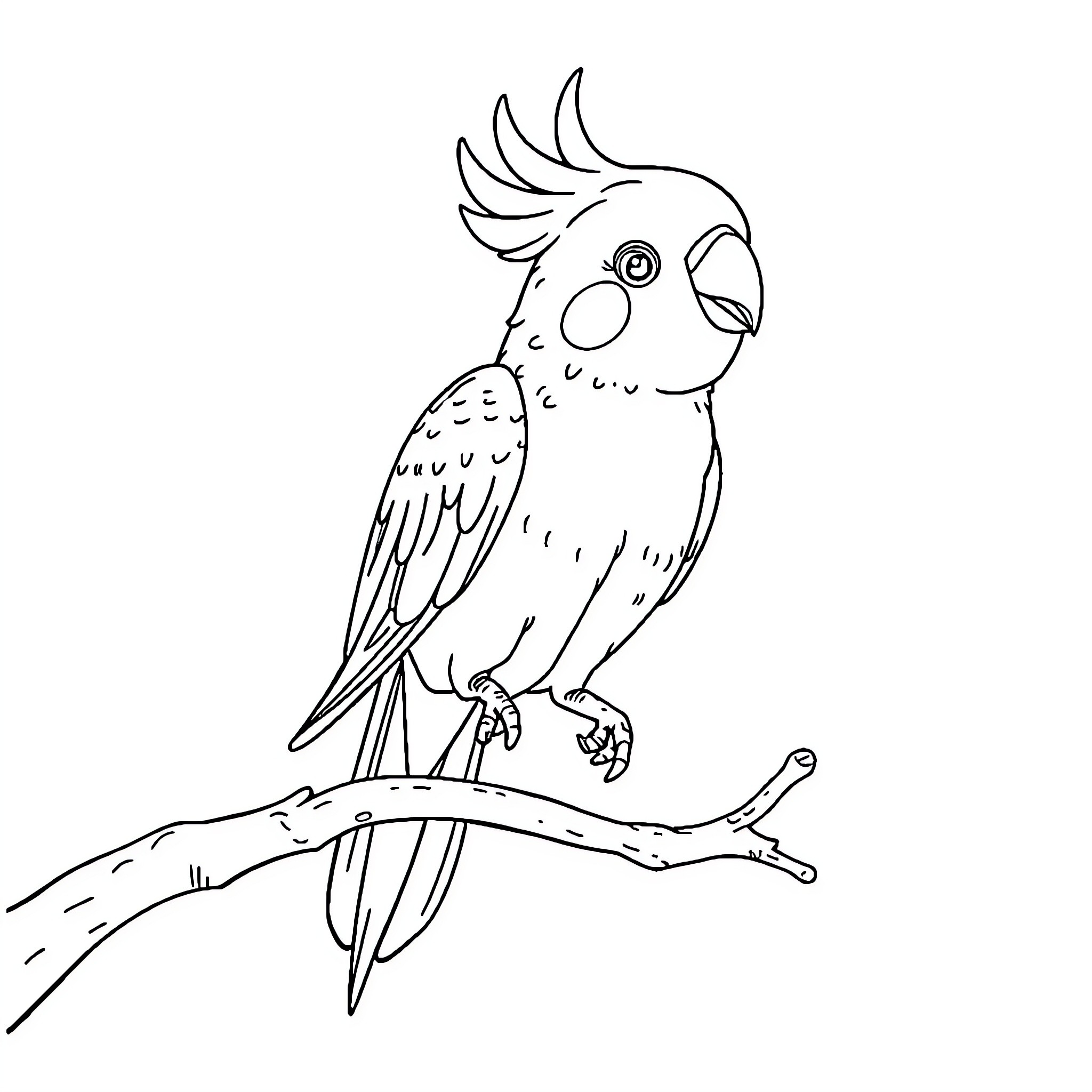 Cockatiel perched on a branch Coloring Page (free black-and-white line drawing printable PDF for all, from beginners to advanced learners, including children, teens, adults, and seniors)