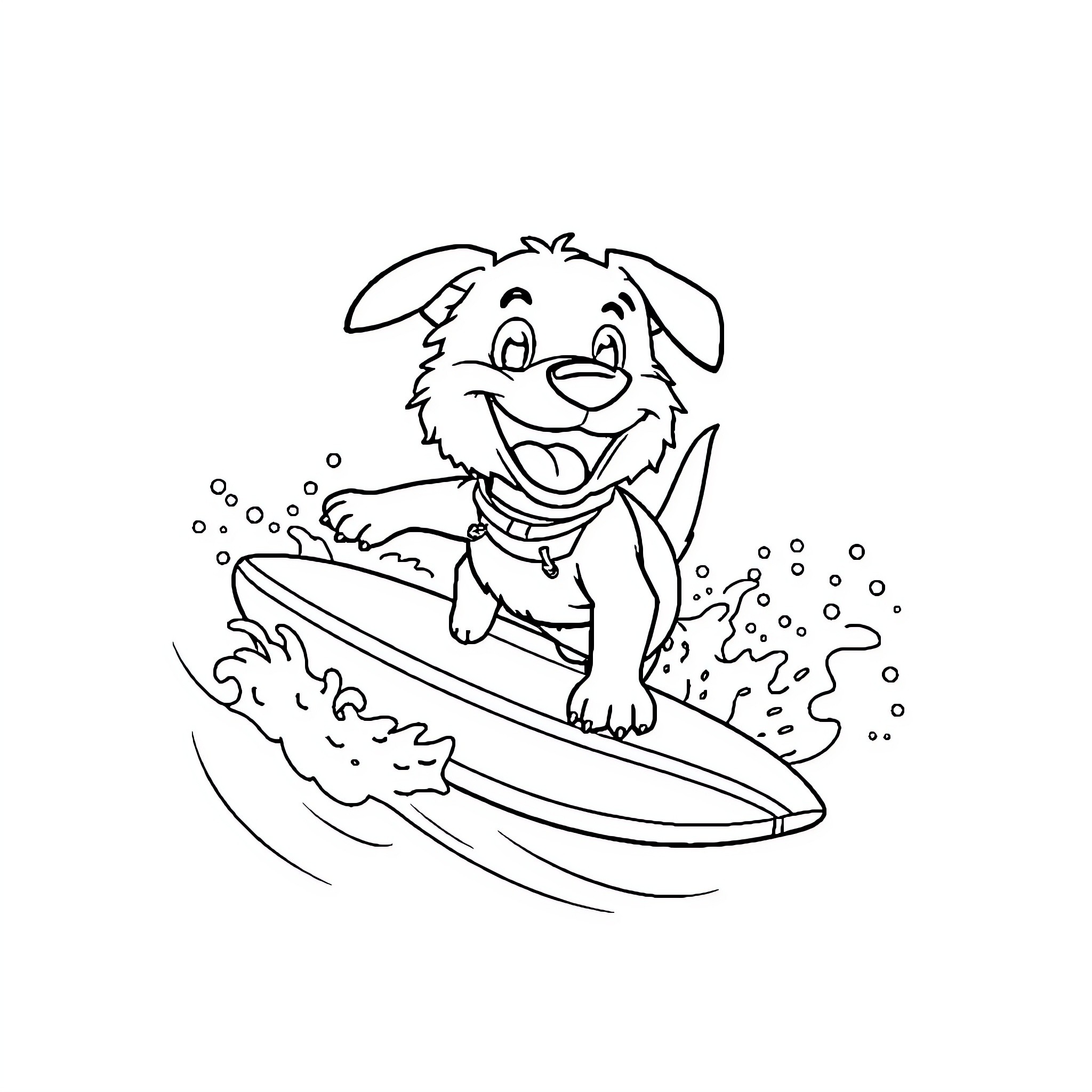 Dog surfing happily in the waves Coloring Page (free black-and-white line drawing printable PDF for all, from beginners to advanced learners, including children, teens, adults, and seniors)