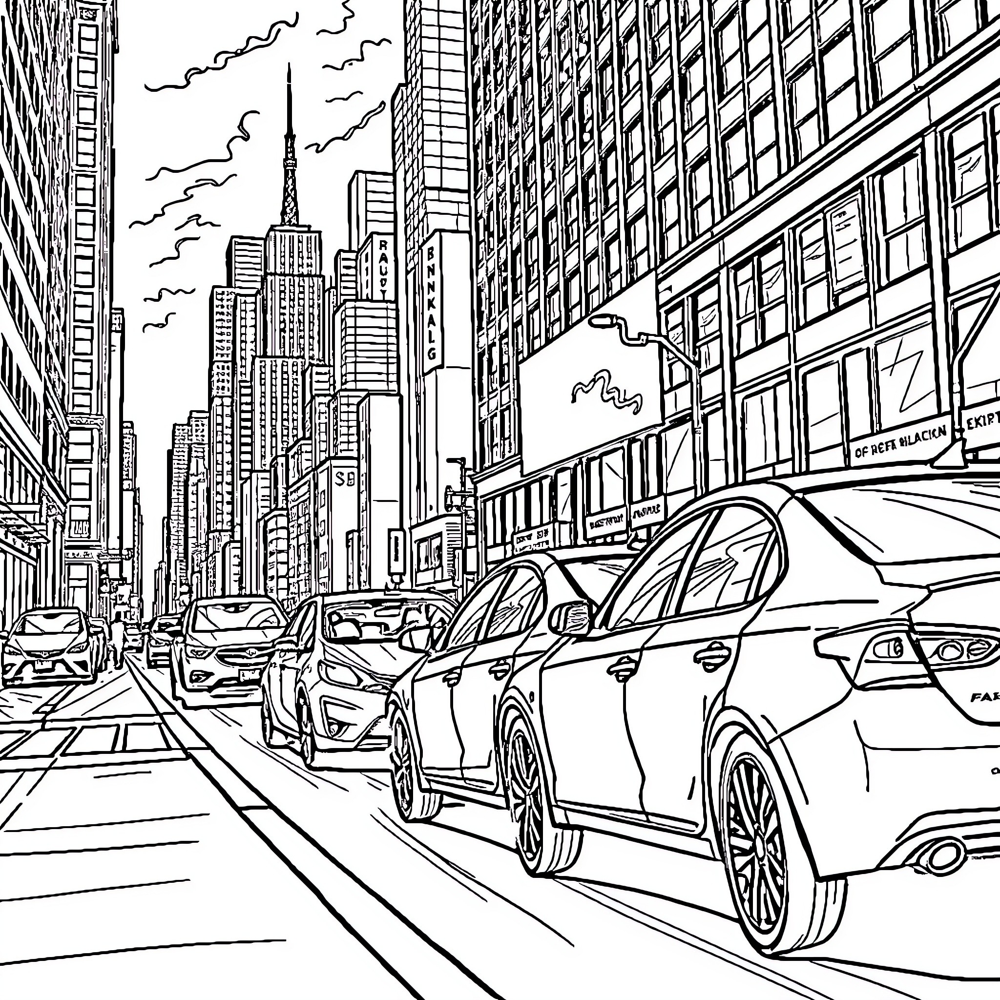 Car Traffic in the City Skyline Coloring Page (free black-and-white line drawing printable PDF for all, from beginners to advanced learners, including children, teens, adults, and seniors)