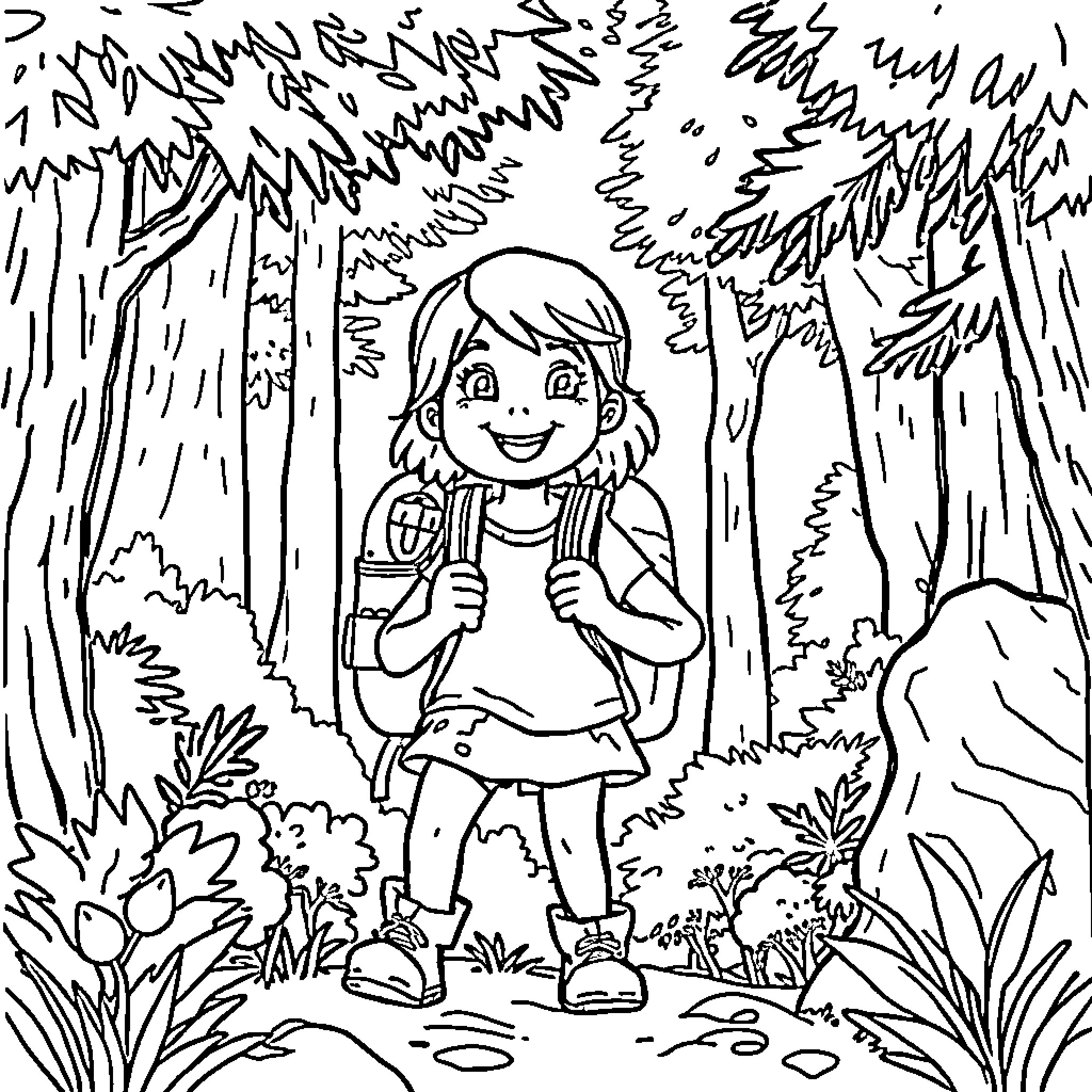 Girl hiking through the peaceful forest Coloring Page (free black-and-white line drawing printable PDF for all, from beginners to advanced learners, including children, teens, adults, and seniors)