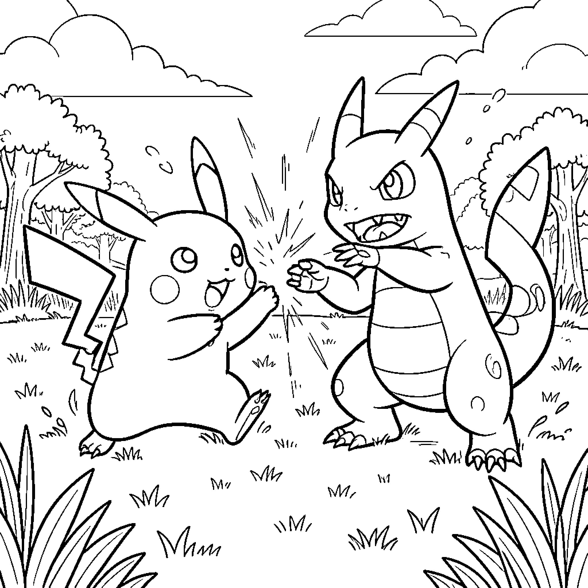 Pikachu and Dragonite facing off in a field Coloring Page (free black-and-white line drawing printable PDF for all, from beginners to advanced learners, including children, teens, adults, and seniors)