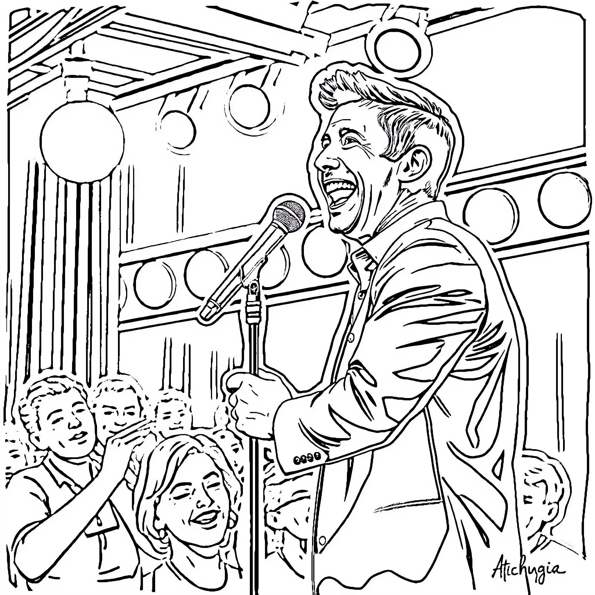 Tony Hinchcliffe Performing on Stage with Audience Coloring Page (free black-and-white line drawing printable PDF for all, from beginners to advanced learners, including children, teens, adults, and seniors)